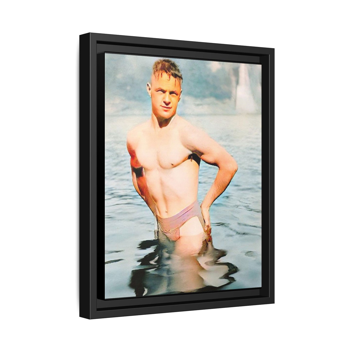 Restored 1940s vintage photo of Lewis standing waist-deep in Lake Wawasee, Indiana, radiating confidence and vitality, framed as wall art.