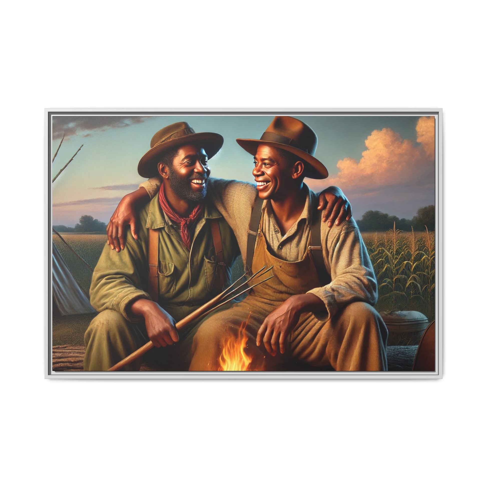 Artwork of an older African-American queer couple sharing a warm, joyful moment by a campfire in rural Iowa. Set against vast fields and an open sky, the scene captures love, resilience, and the nostalgic beauty of Americana, with firelight illuminating their laughter and companionship