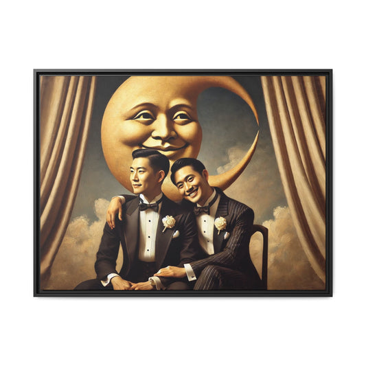 Vintage-inspired artwork of a romantic gay Asian couple in tuxedos sitting affectionately beneath a smiling crescent moon prop, surrounded by vintage stage curtains and dreamy clouds. A reclaimed queer narrative from the Man In The Moon series.