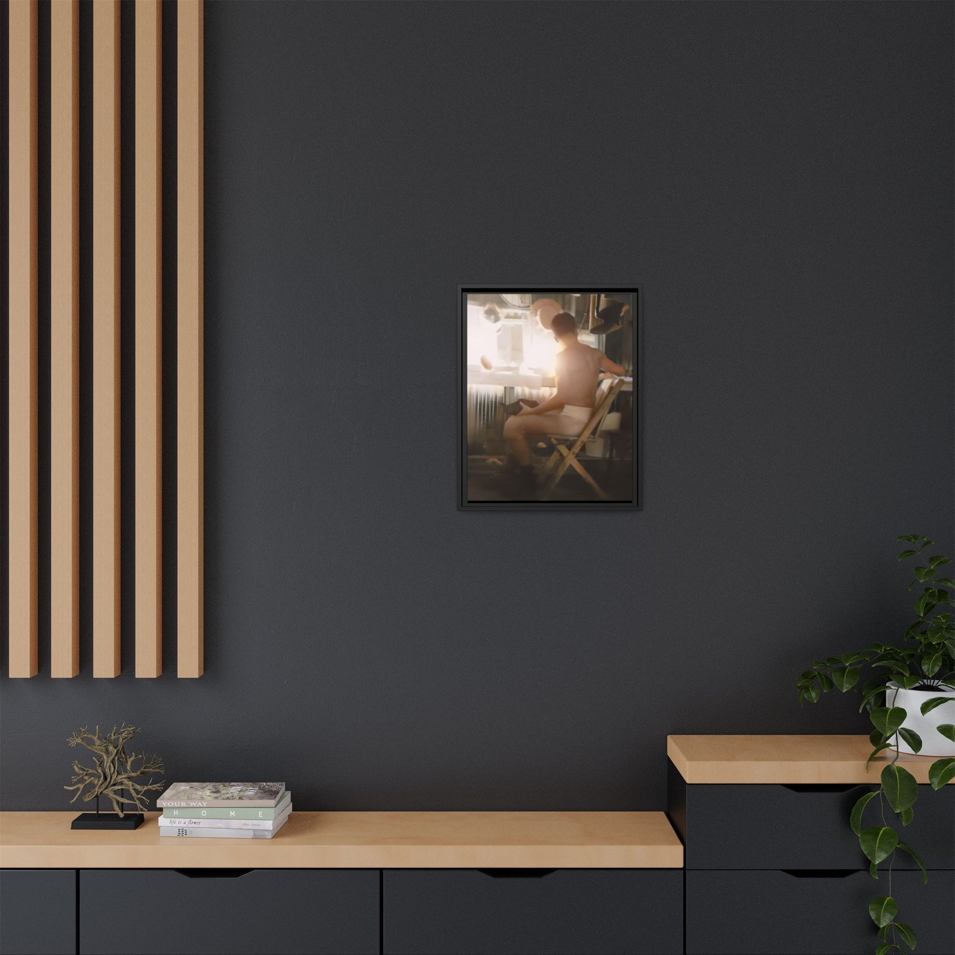 A vintage Hollywood portrait of Hugh in a backstage dressing room. This framed canvas print captures the elegance and mystique of old Hollywood, making it the perfect cinematic decor for film lovers and vintage photography collectors.