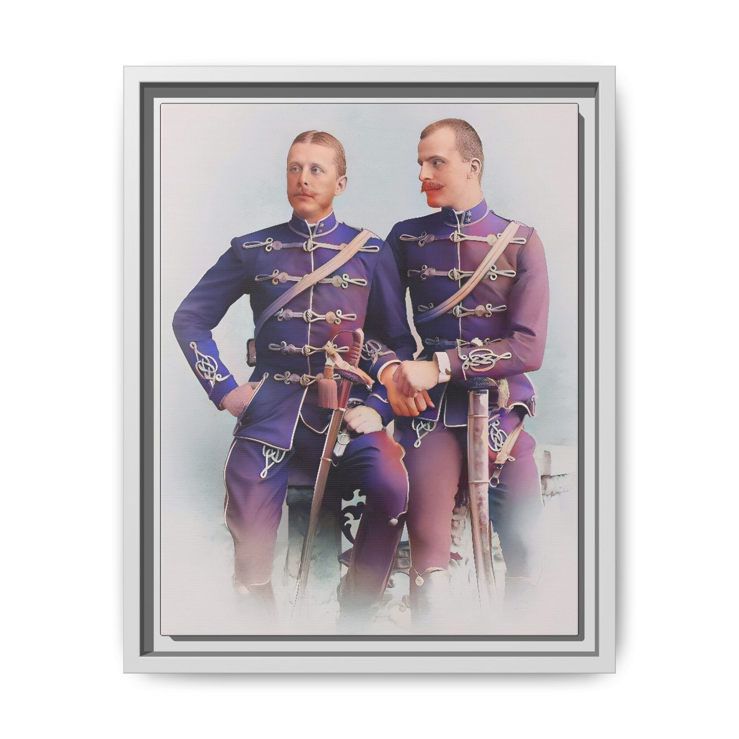A restored vintage military portrait of Nicolae & Valeriu, elegantly framed to honor LGBTQ+ history and love.