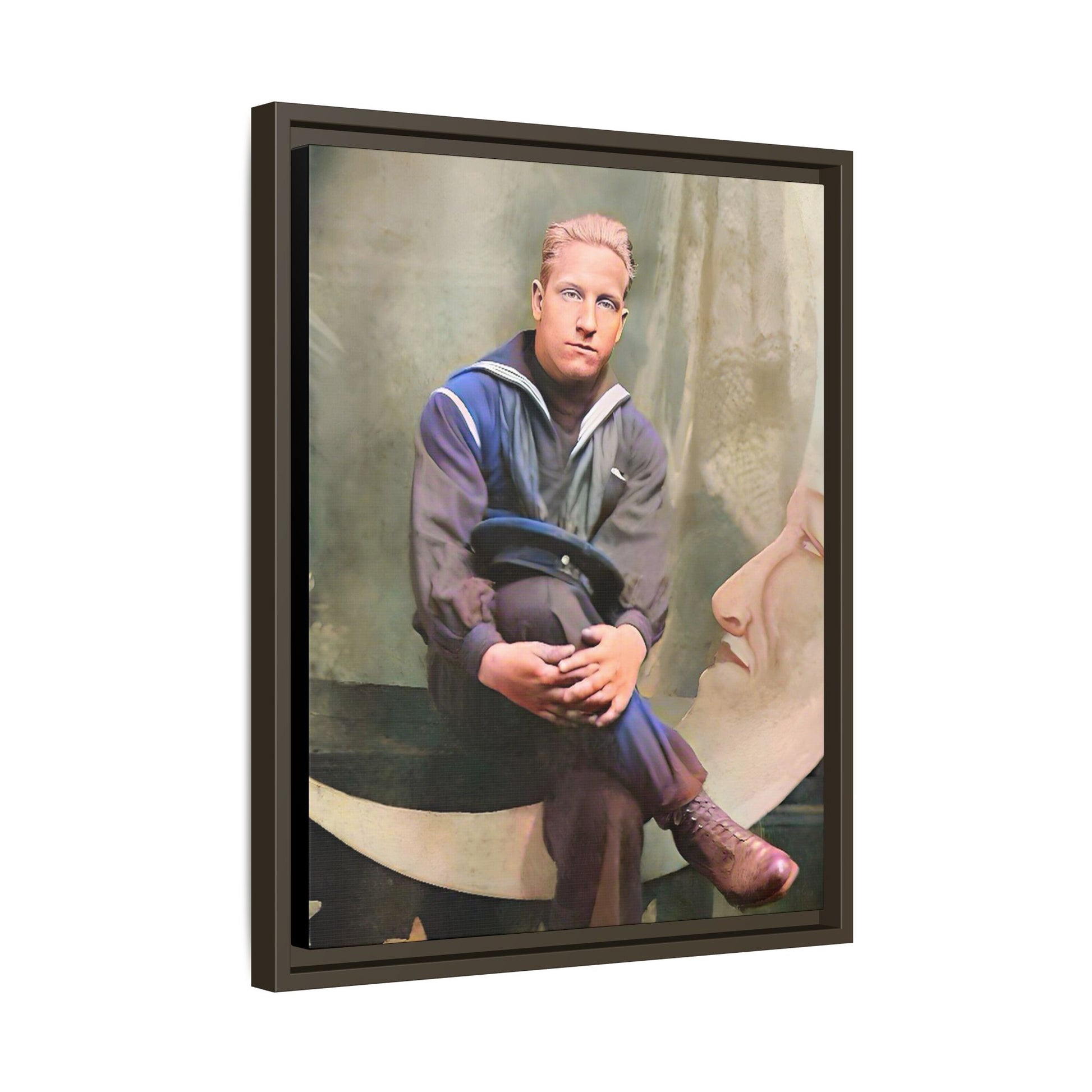 A vintage U.S. Navy sailor portrait featuring Jacob in uniform with a crescent moon backdrop. This framed matte canvas print is a timeless tribute to naval service, ideal for military history collectors, veterans, and nautical decor lovers. Art Deco Paper Moon Prop