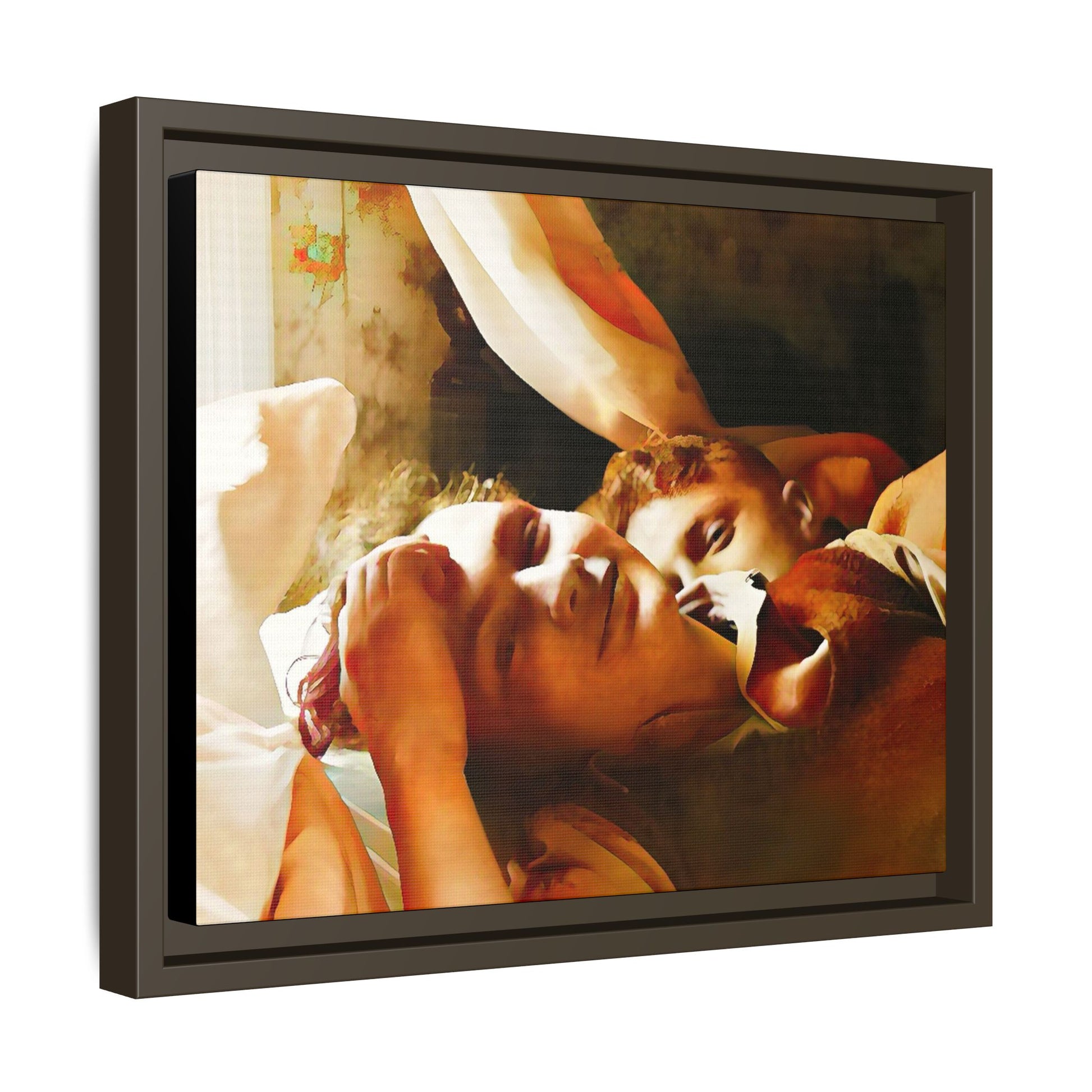A heartwarming vintage portrait of Edwin and Floyd in Burlington, Vermont. This framed canvas print captures a quiet moment of LGBTQ+ love and intimacy, perfect for home decor, collectors, or as a sentimental gift celebrating timeless affection.
