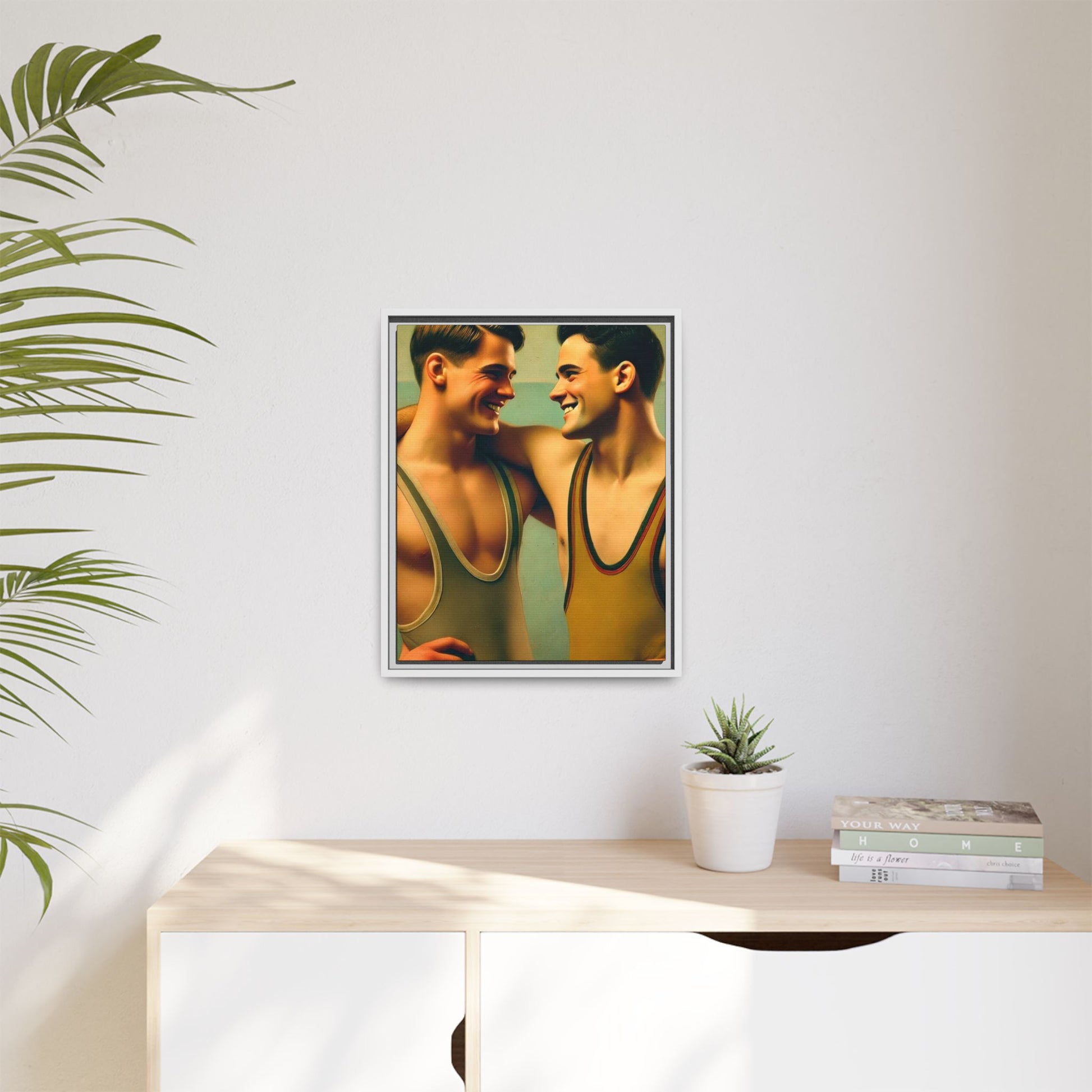Framed artwork of two young wrestlers in vintage singlets sharing a candid moment, inspired by Grant Wood's Regionalist art style.
