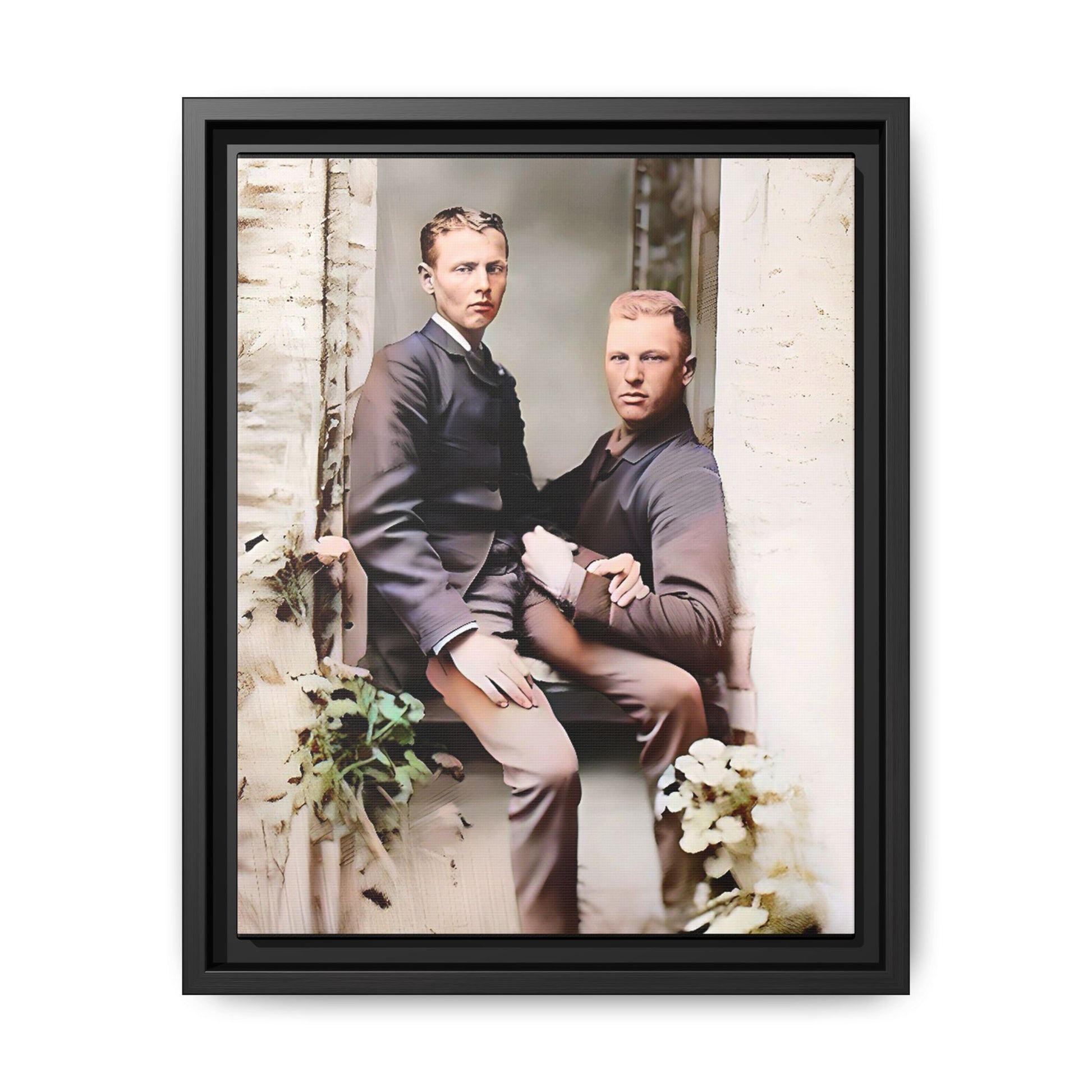 Restored vintage photo of Albert & Harold in tender embrace, Austin TX gay couple, framed art