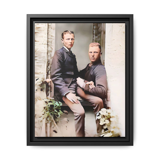 Restored vintage photo of Albert & Harold in tender embrace, Austin TX gay couple, framed art
