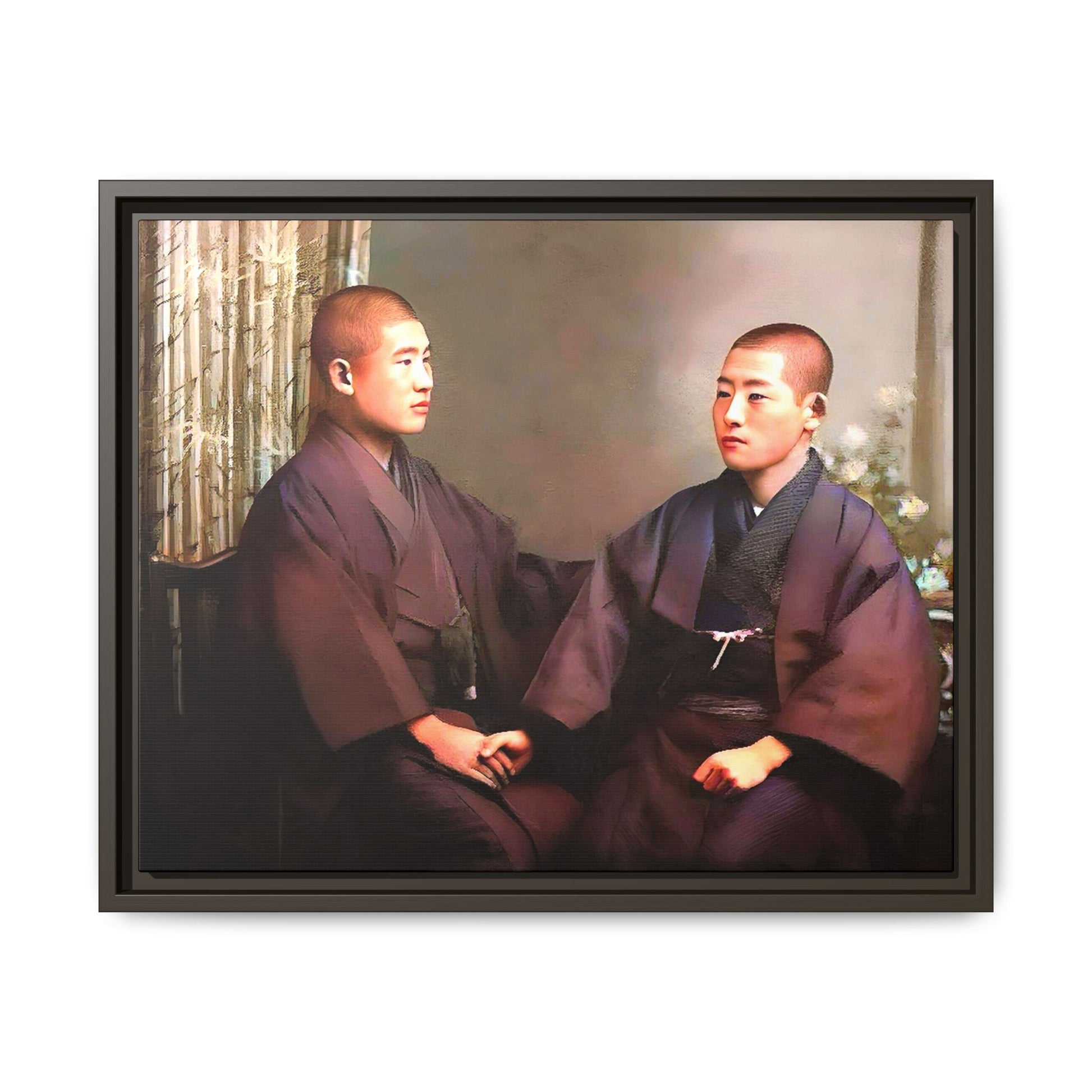 A vintage portrait of Hiroto & Atsushi in Kyoto, Japan. This framed matte canvas celebrates LGBTQ+ love, cultural heritage, and timeless elegance, making it a unique and meaningful art piece for collectors and history enthusiasts. Gay Couple