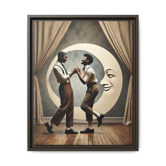 Two joyful young Black men dressed in 1920s fashion dancing in front of a crescent moon prop with a smiling face. This artwork reclaims erased queer love, offering a whimsical and powerful celebration of Black LGBTQ+ youth and history.