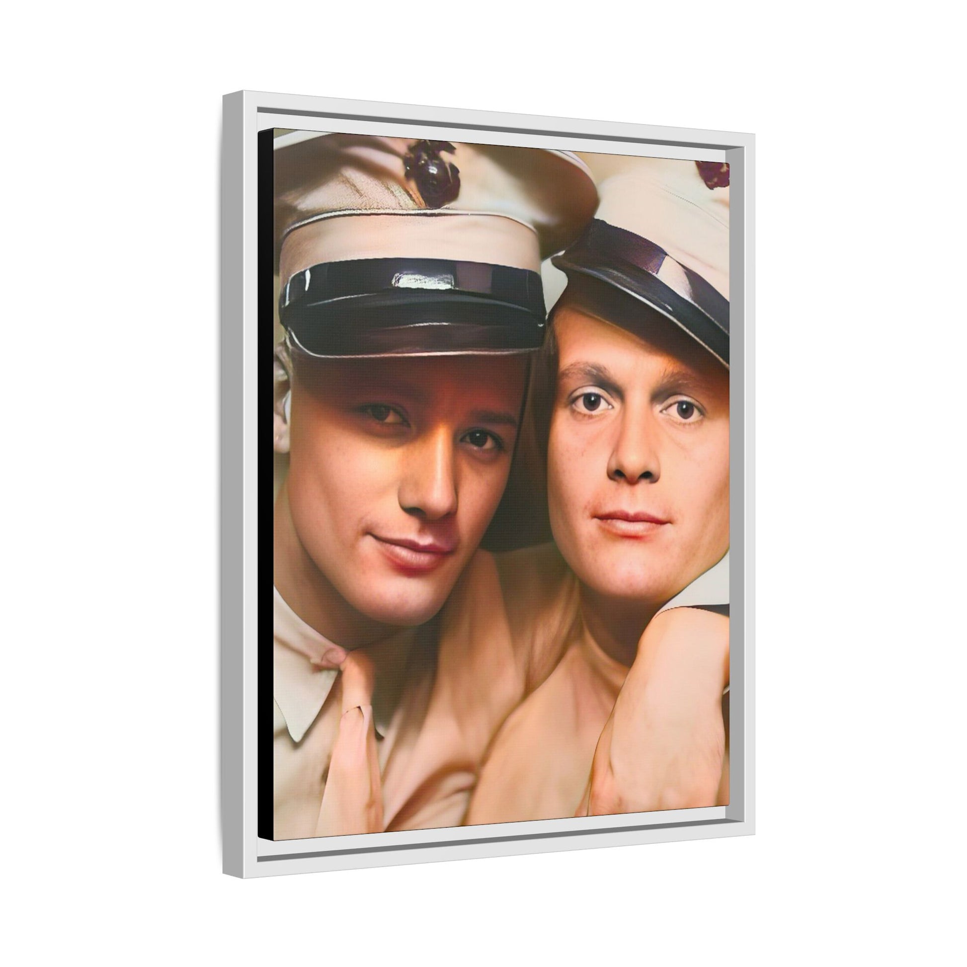 Restored vintage photograph of Paul and Ralph, an early 20th-century LGBTQ+ military couple from Camp Atterbury, Indiana. Framed matte canvas print celebrating love, courage, and LGBTQ+ history. Gay Couple Photo Booth