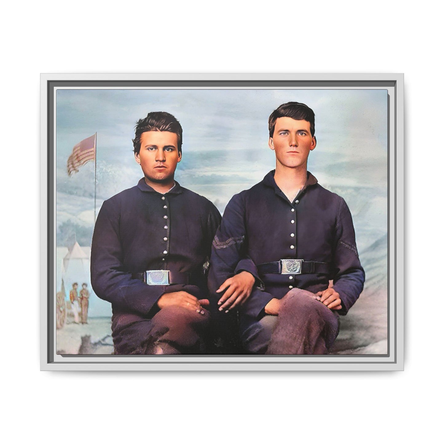A framed vintage Civil War photo on matte canvas featuring two Union soldiers at Camp Curtin, honoring military history. Gay Couple