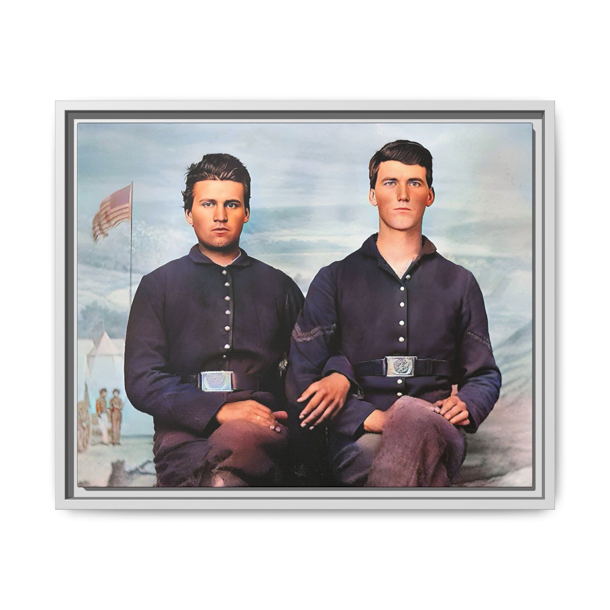 A framed vintage Civil War photo on matte canvas featuring two Union soldiers at Camp Curtin, honoring military history. Gay Couple