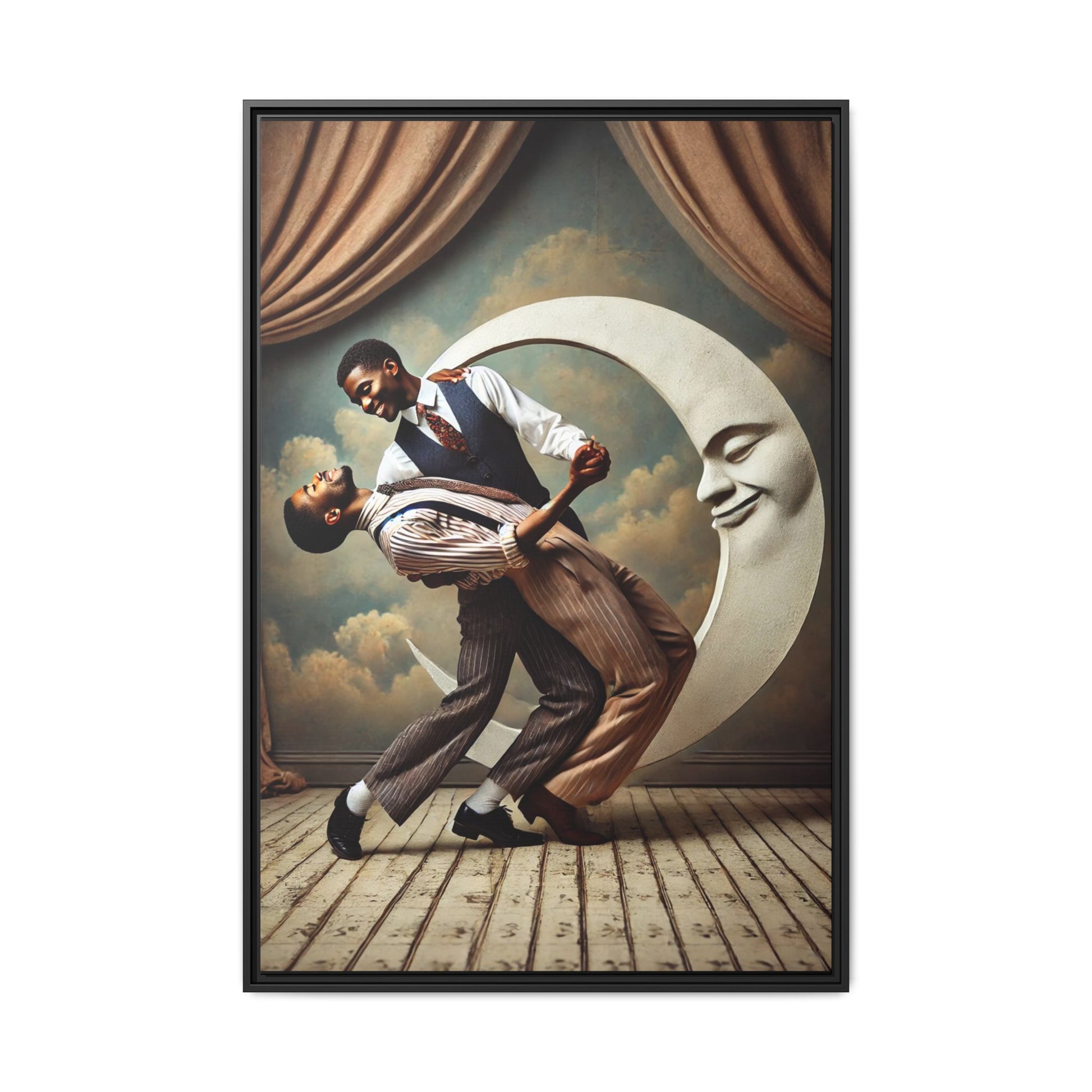 Framed artwork of two Black men in vintage suits dancing tenderly beneath a crescent moon with a smiling face. A romantic 1920s-inspired scene with velvet curtains and a painted sky backdrop. Part of a collection reclaiming lost queer Black history and art.
