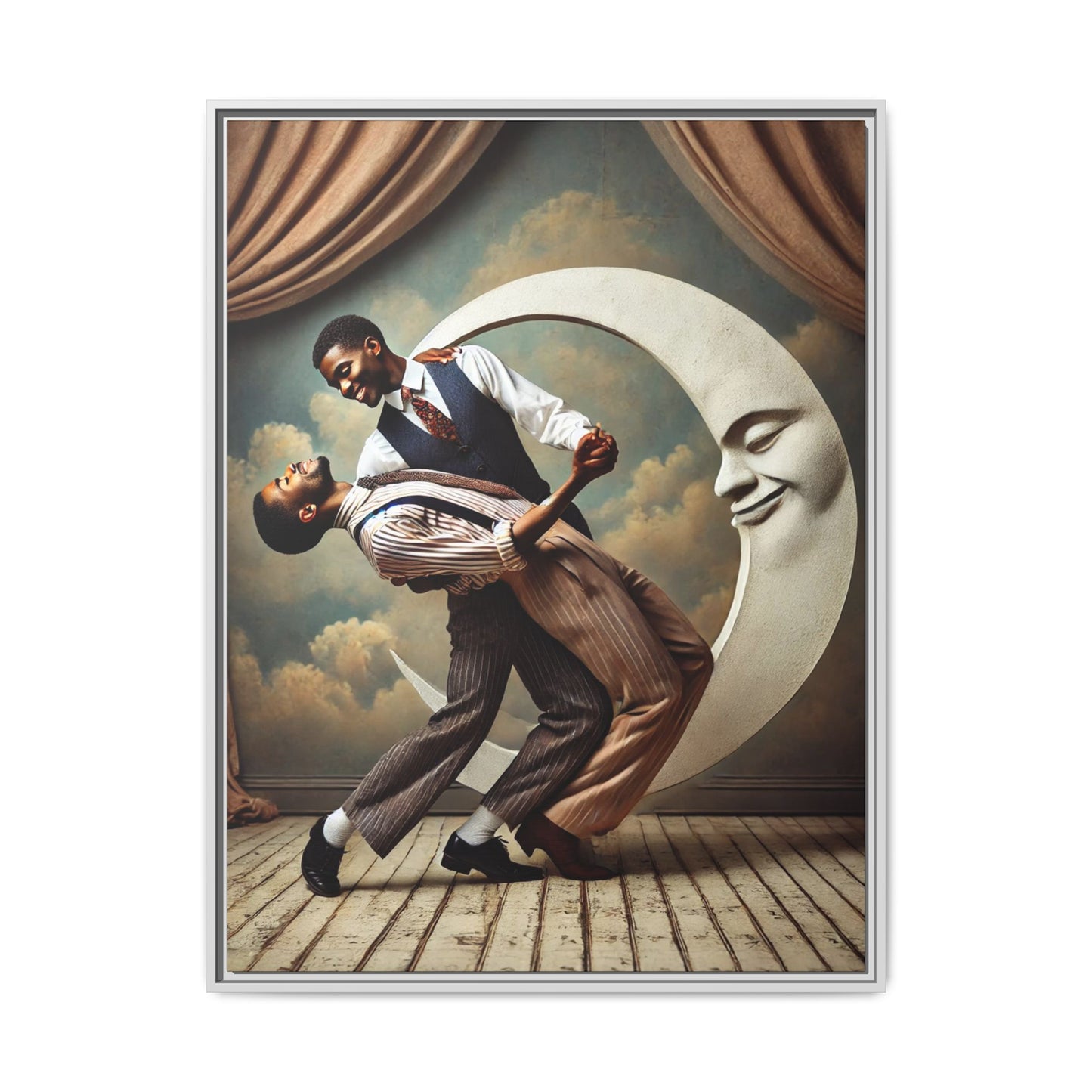 Framed artwork of two Black men in vintage suits dancing tenderly beneath a crescent moon with a smiling face. A romantic 1920s-inspired scene with velvet curtains and a painted sky backdrop. Part of a collection reclaiming lost queer Black history and art.