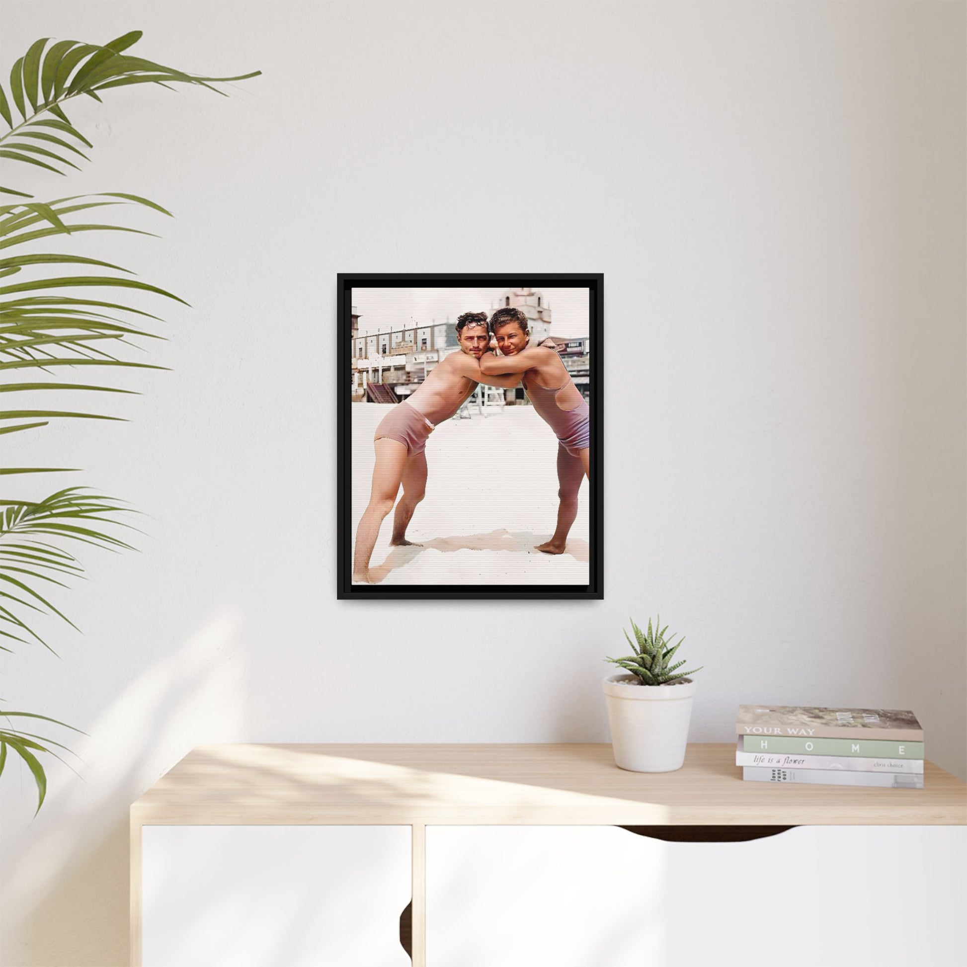 A vintage LGBTQ+ beach photo of Kenneth and Herman in Atlantic City, celebrating summer love and nostalgia. This restored and colorized canvas print captures the joy of seaside romance, making it a perfect addition to any vintage decor collection.
