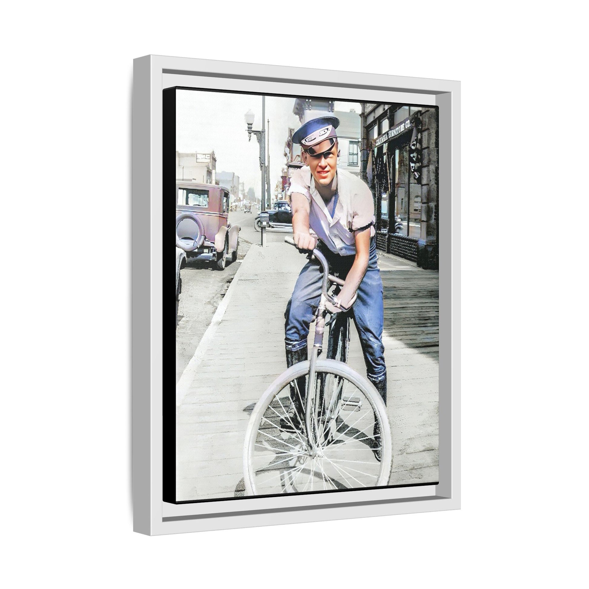 A framed vintage portrait on matte canvas featuring Cecil in Elk City, Oklahoma, capturing the spirit of 1930s small-town Americana. Classic Bicycle Photo