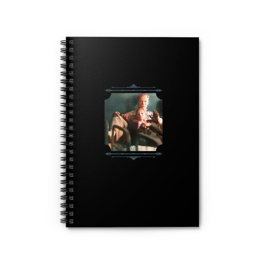 Spiral notebook featuring a vintage image of two men, one with a swollen eye injury, embracing quietly.