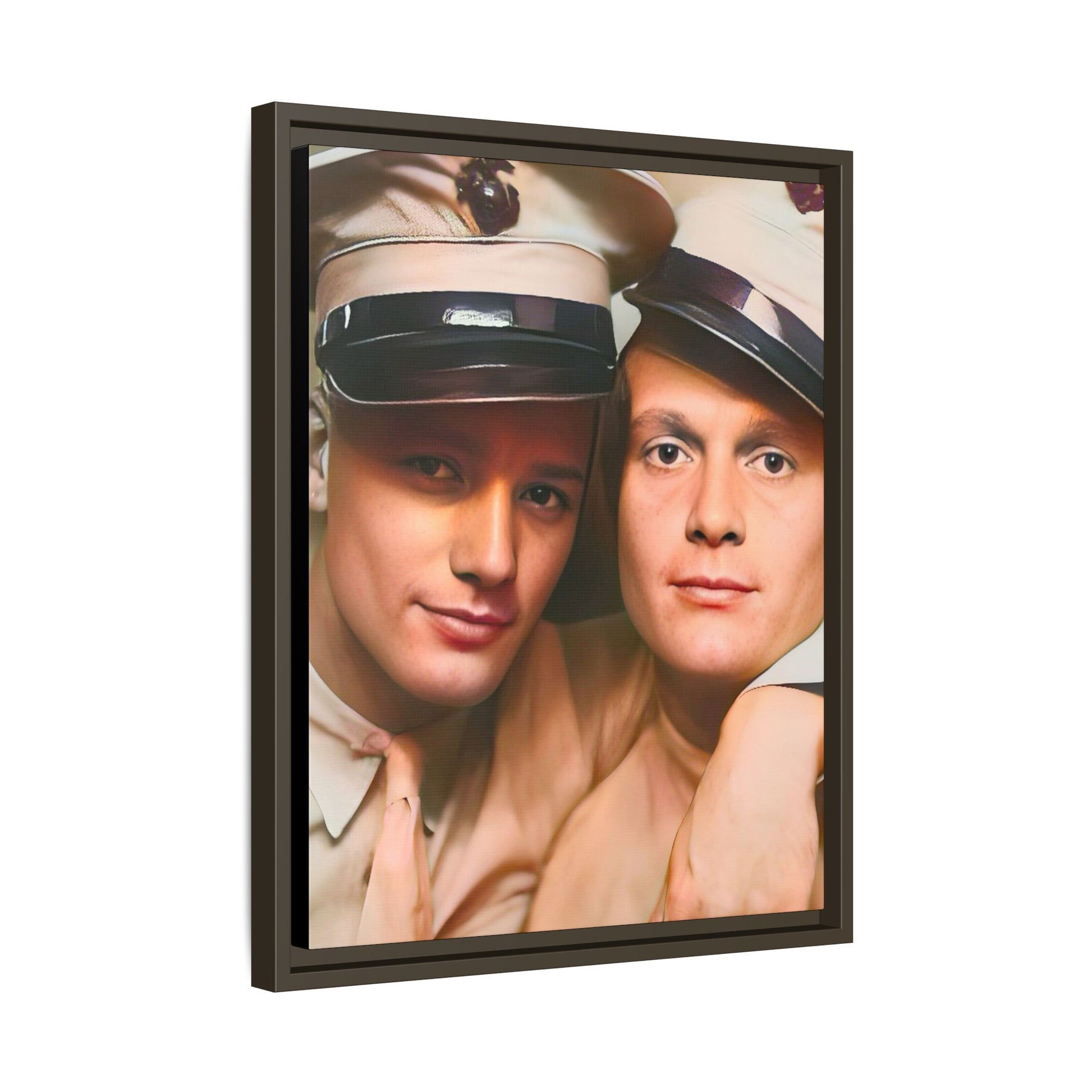 Restored vintage photograph of Paul and Ralph, an early 20th-century LGBTQ+ military couple from Camp Atterbury, Indiana. Framed matte canvas print celebrating love, courage, and LGBTQ+ history. Gay Couple Photo Booth