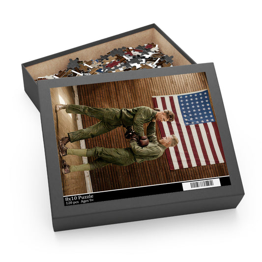 Jigsaw puzzle showing two men in olive clothing and boxing gloves beneath a forty-eight-star American flag in a wood-paneled interior.