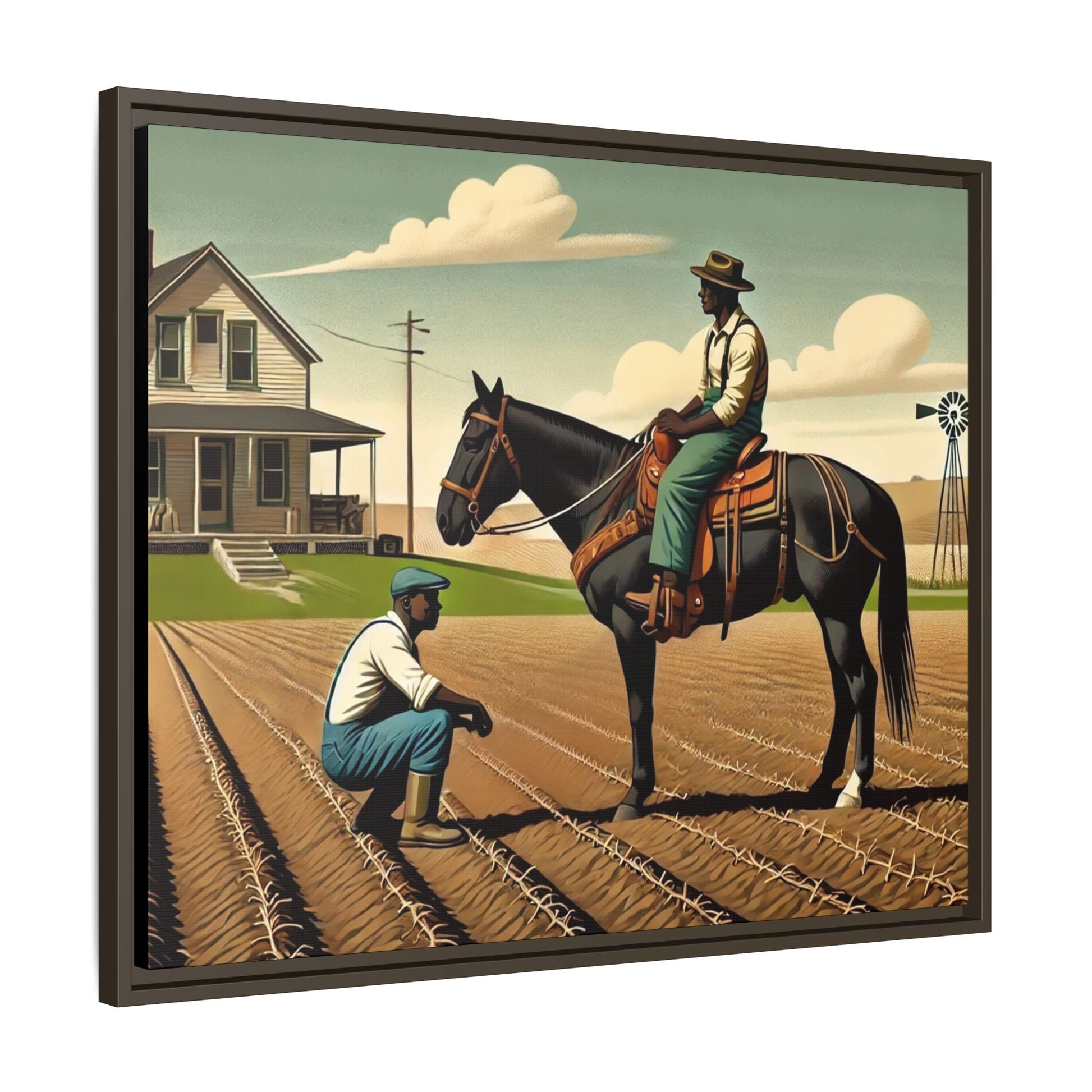 Artwork of an African American queer couple working together on a farm in a serene, vintage-inspired landscape. One man sits on horseback, gazing warmly at his partner, who examines the soil, symbolizing their partnership in both love and labor. The scene captures resilience, companionship, and the beauty of rural life.