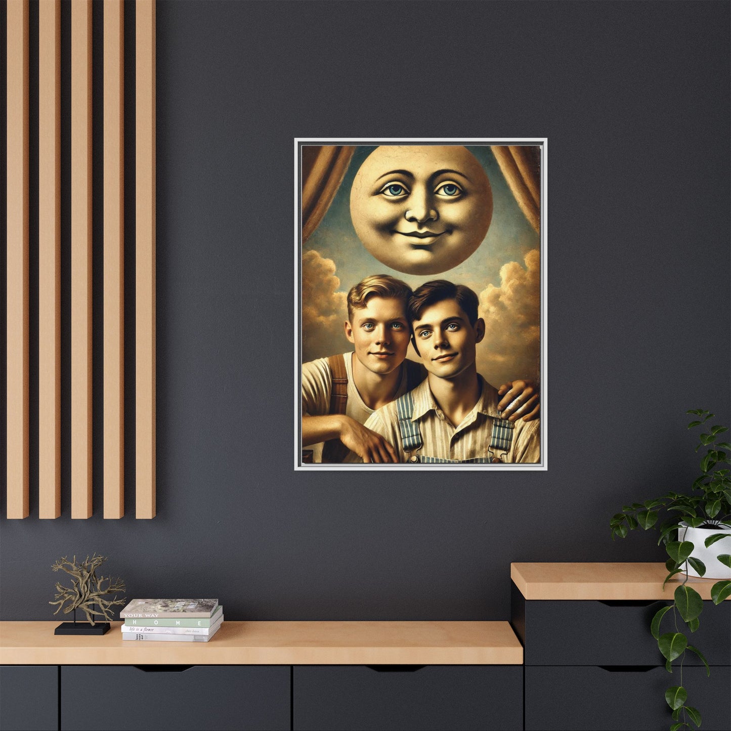 Framed matte canvas portrait featuring two young men in vintage overalls with a crescent moon prop above them. This artwork from the Missing Art Studies series reclaims LGBTQ+ imagery that may have been lost to bias, presenting warmth, intimacy, and presence.