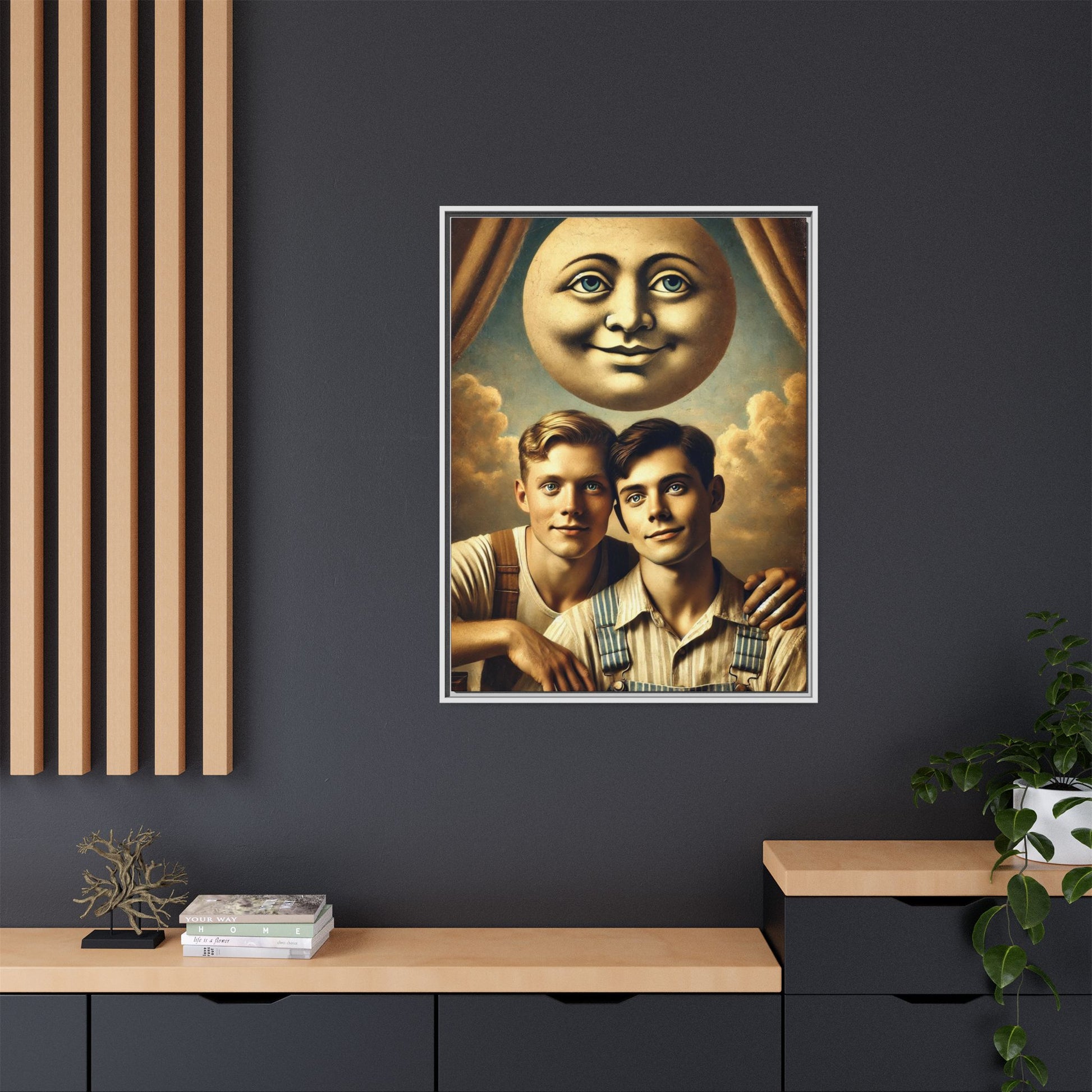Framed matte canvas portrait featuring two young men in vintage overalls with a crescent moon prop above them. This artwork from the Missing Art Studies series reclaims LGBTQ+ imagery that may have been lost to bias, presenting warmth, intimacy, and presence.