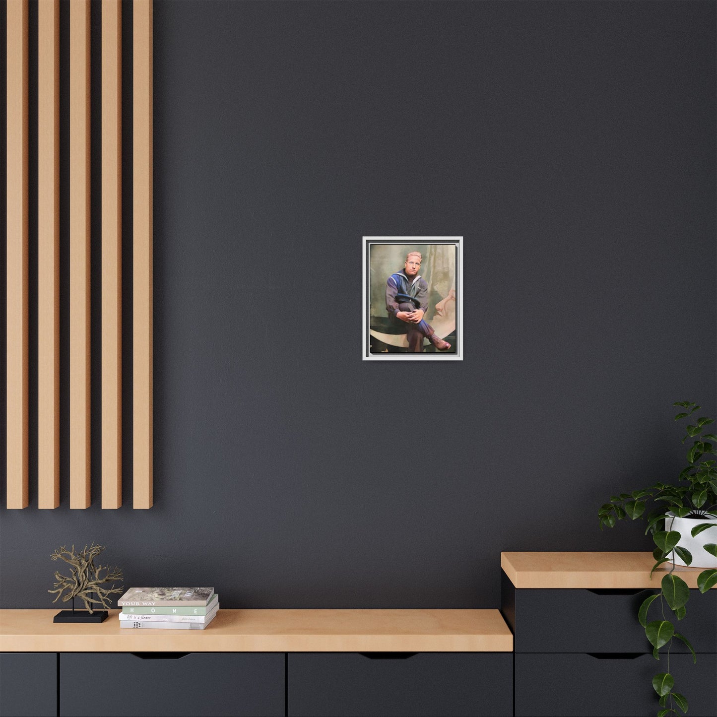 A vintage U.S. Navy sailor portrait featuring Jacob in uniform with a crescent moon backdrop. This framed matte canvas print is a timeless tribute to naval service, ideal for military history collectors, veterans, and nautical decor lovers. Art Deco Paper Moon Prop