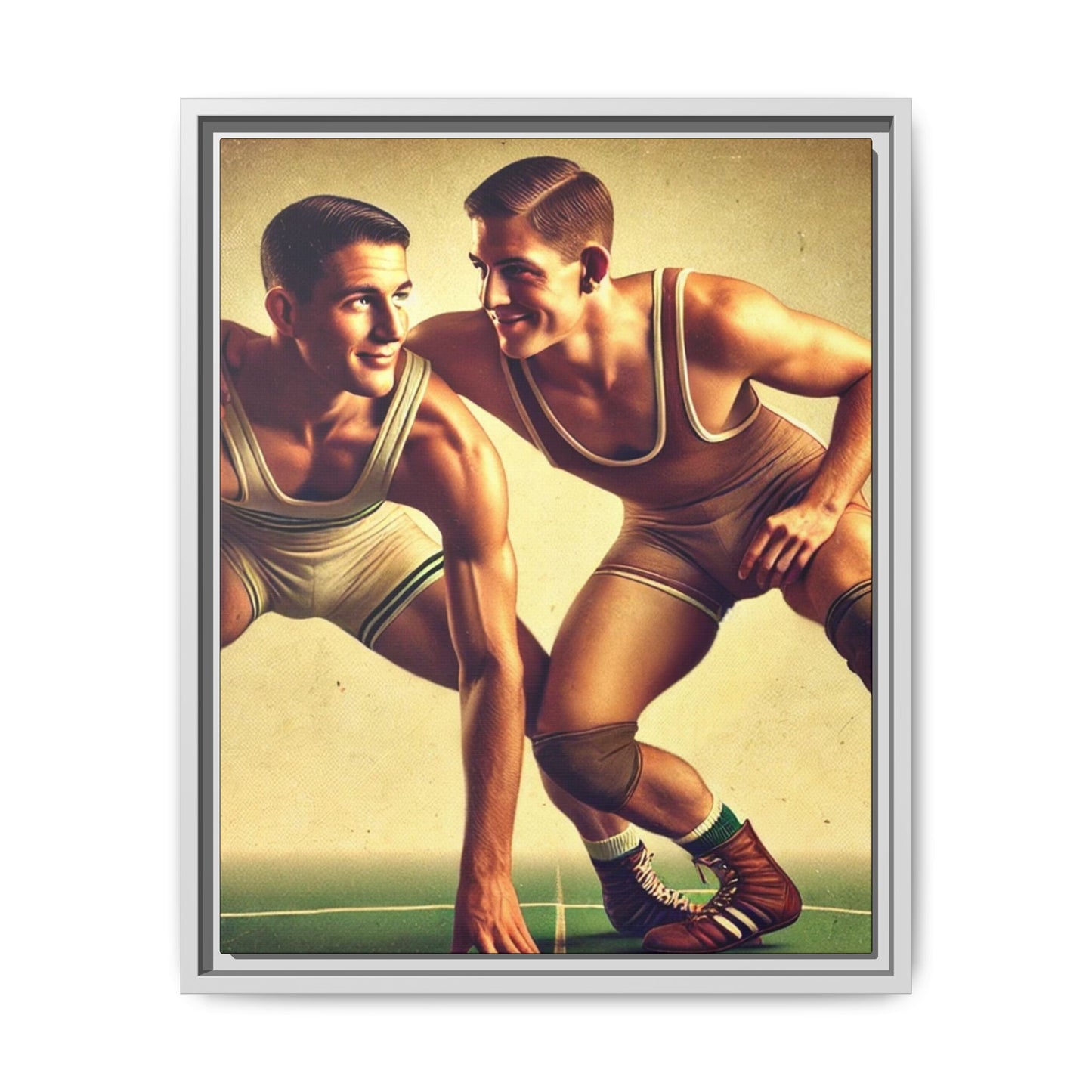 Vintage-style portrait of two young male wrestlers in retro singlets on a gym mat. One crouches in position while the other, slightly behind, smiles at him with playful affection. Both wear old-school wrestling shoes and knee pads. The scene captures athleticism, camaraderie, and queer subtext in a nostalgic, golden-toned setting. Grant Wood Tribute