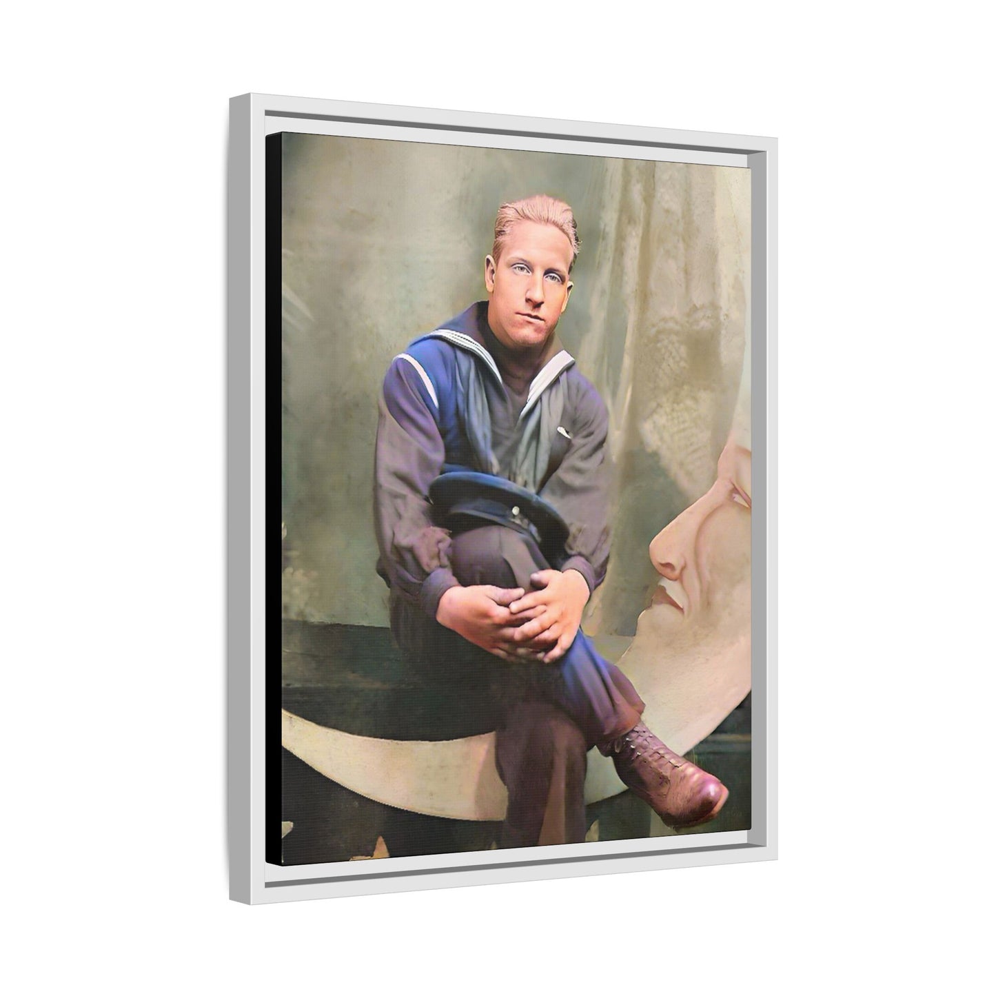 A vintage U.S. Navy sailor portrait featuring Jacob in uniform with a crescent moon backdrop. This framed matte canvas print is a timeless tribute to naval service, ideal for military history collectors, veterans, and nautical decor lovers. Art Deco Paper Moon Prop