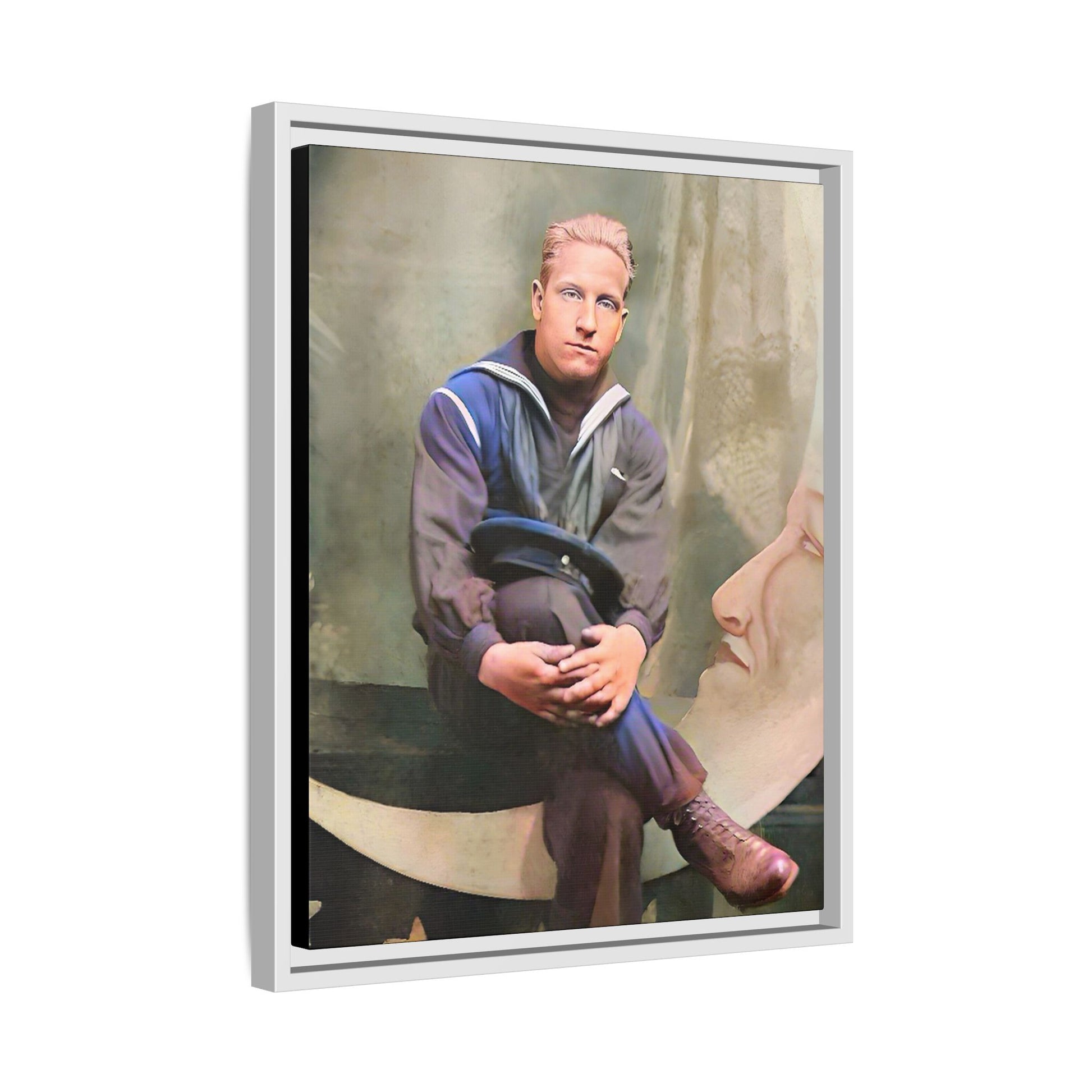 A vintage U.S. Navy sailor portrait featuring Jacob in uniform with a crescent moon backdrop. This framed matte canvas print is a timeless tribute to naval service, ideal for military history collectors, veterans, and nautical decor lovers. Art Deco Paper Moon Prop