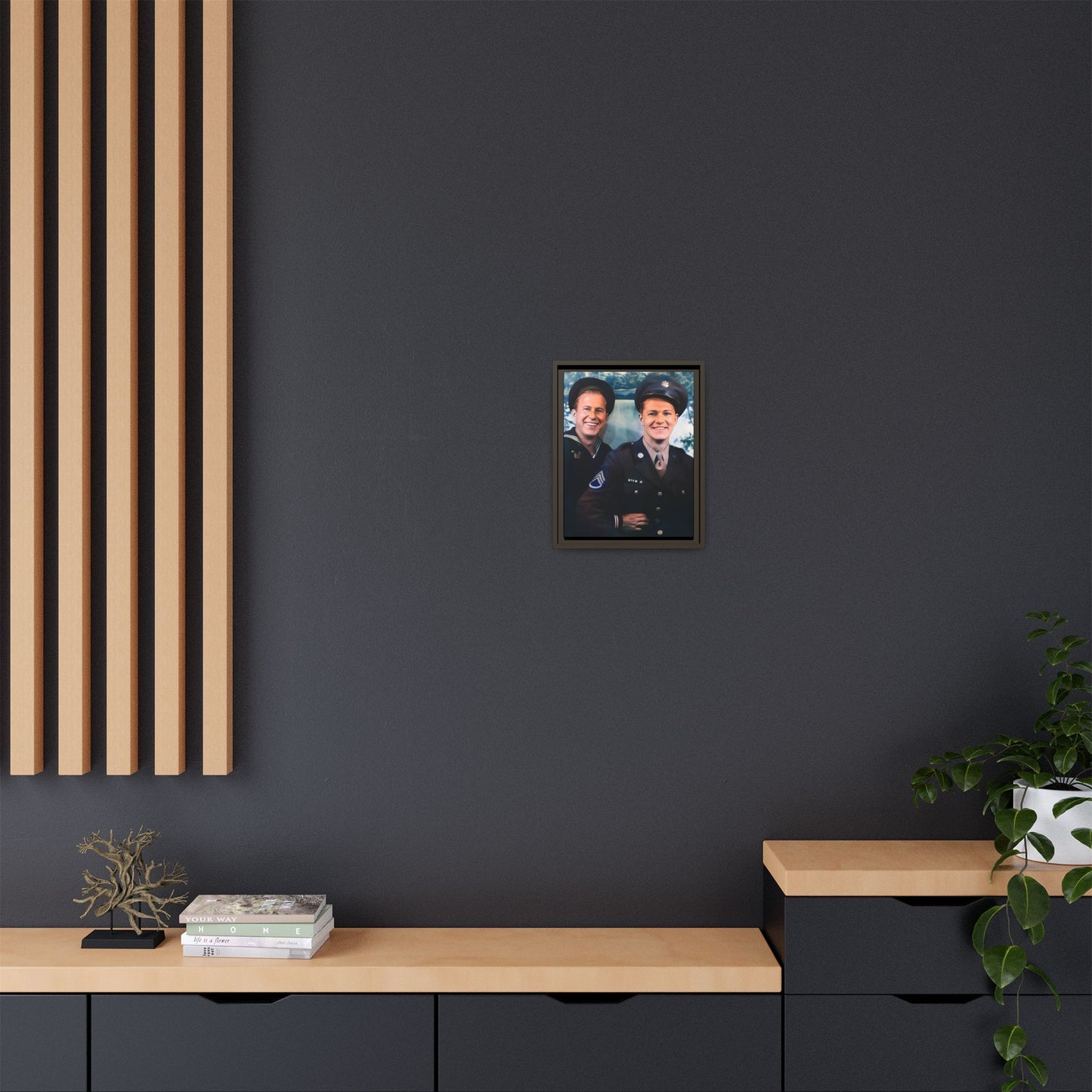 A framed vintage military portrait on matte canvas featuring a sailor and a soldier in Scapa Flow, Scotland, symbolizing service and camaraderie. Gay Couple