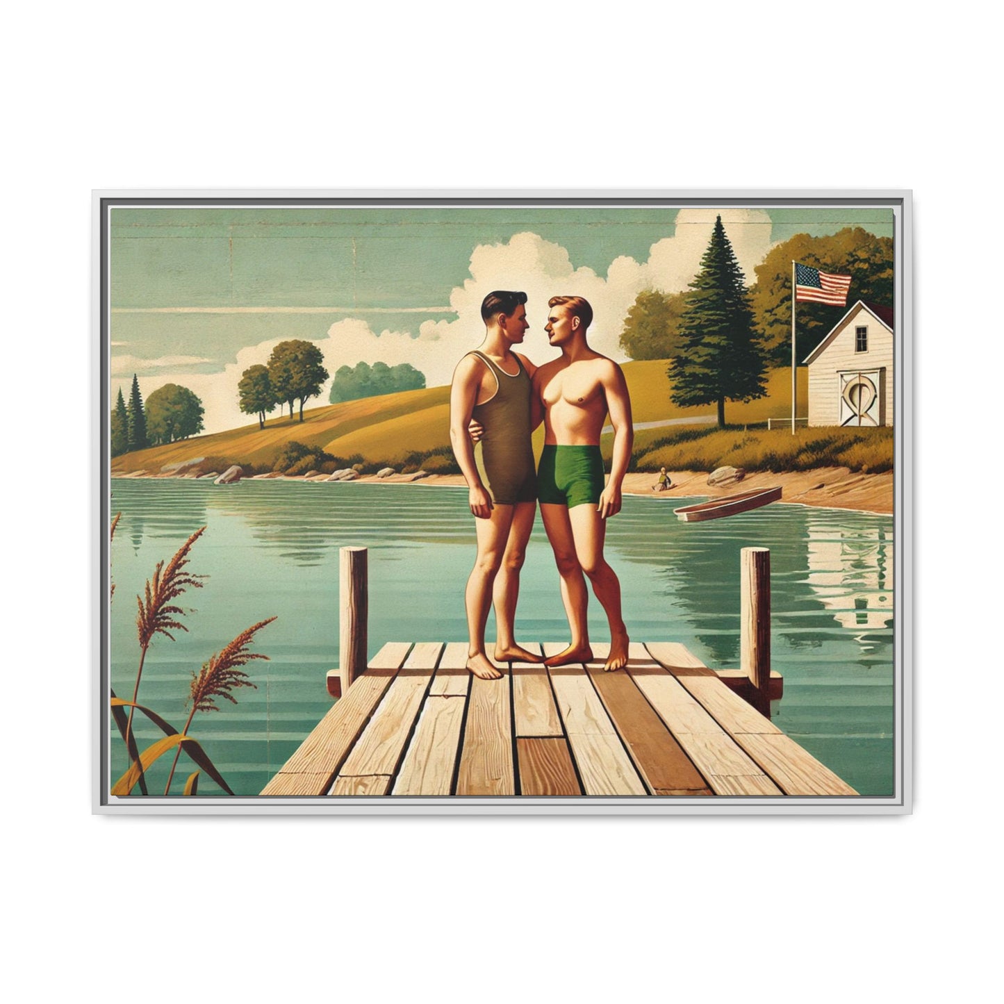 Framed artwork of a gay couple sharing a tender moment on a wooden dock by a peaceful lake, dressed in vintage swimwear. Set against rolling hills and a lakeside cabin, this nostalgic scene honors LGBTQ+ love in a serene Midwestern summer setting.