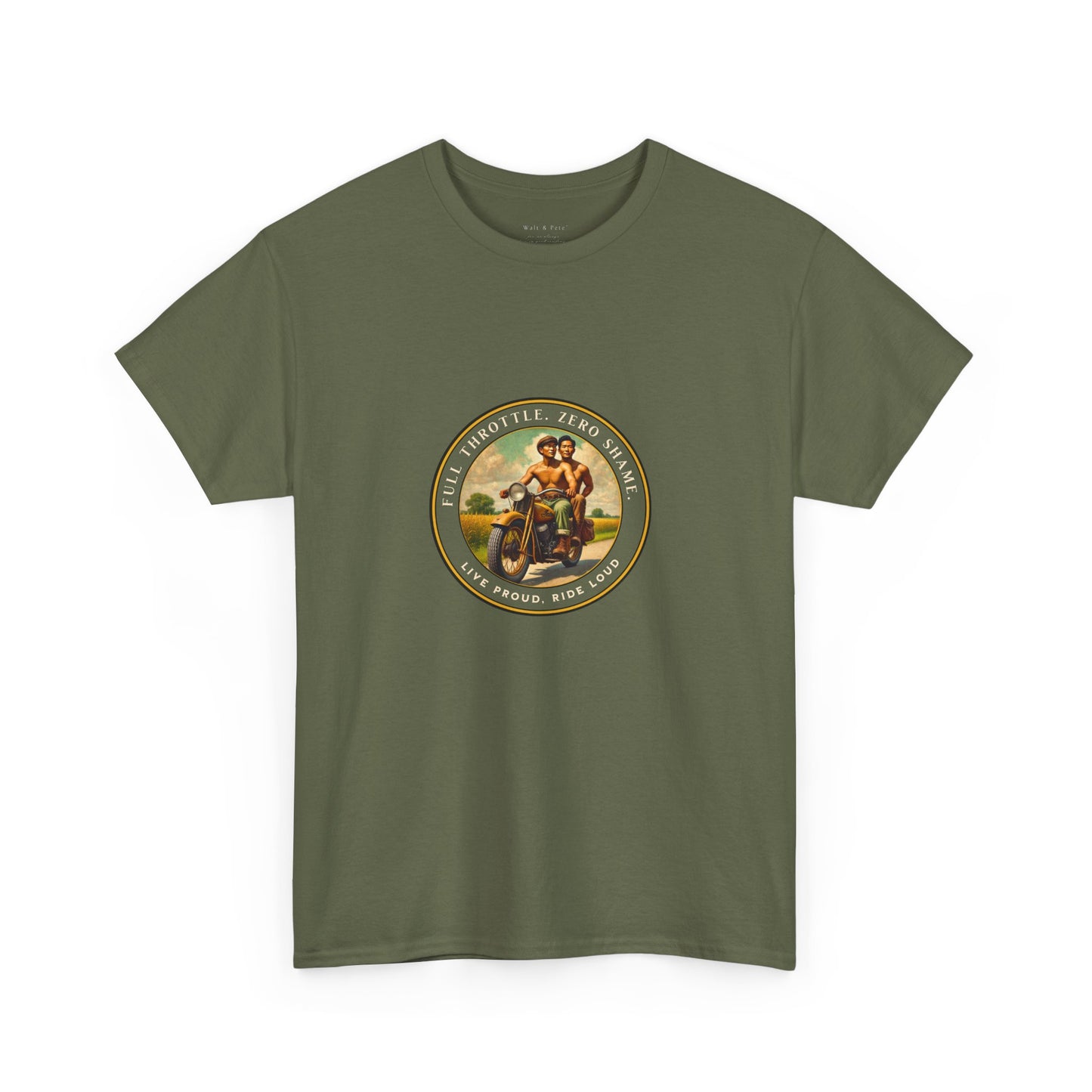 Vintage-inspired LGBTQ+ pride t-shirt featuring a 1930s-style image of two shirtless Asian men riding a motorcycle. With affirmations like “Full Throttle. Zero Shame” and “Live Proud. Ride Loud,” this tee honors queer freedom, Asian pride, and bold love.