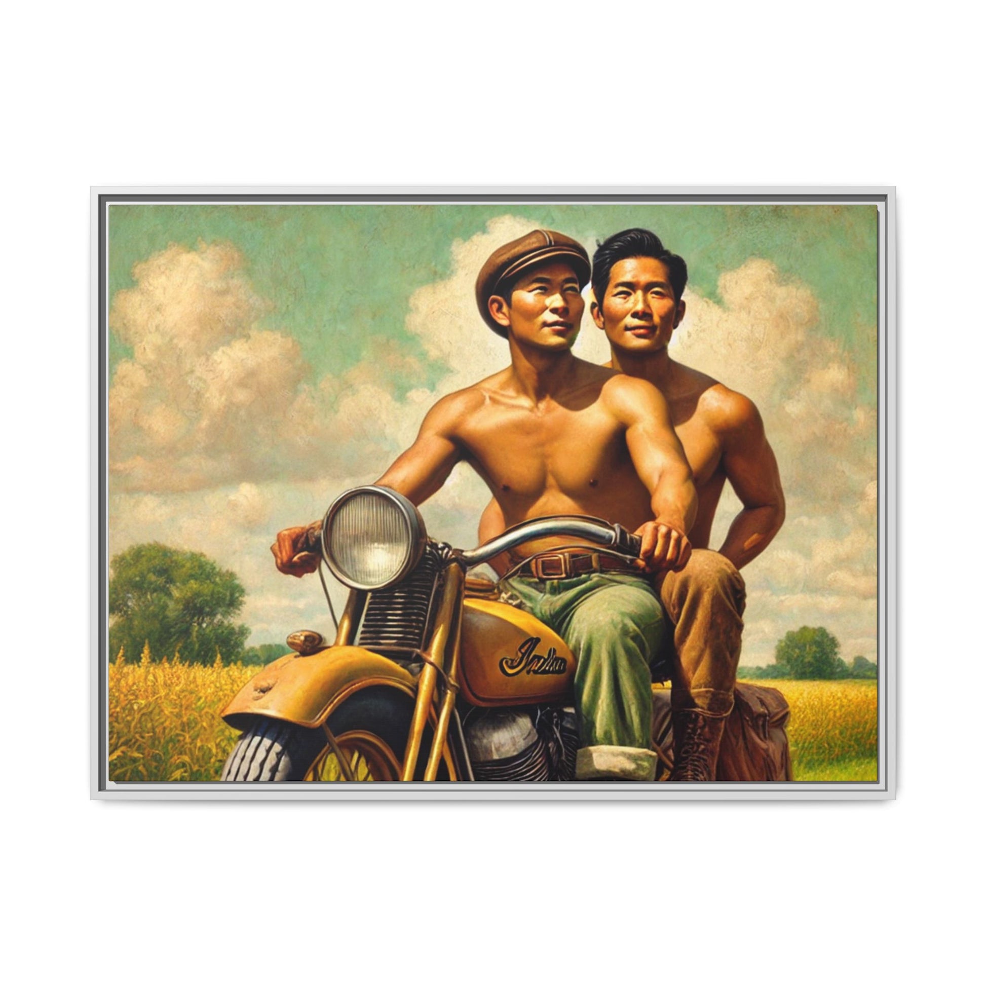 Framed artwork of an Asian-American gay couple riding a vintage yellow motorcycle through Iowa's serene countryside, celebrating love and unity.