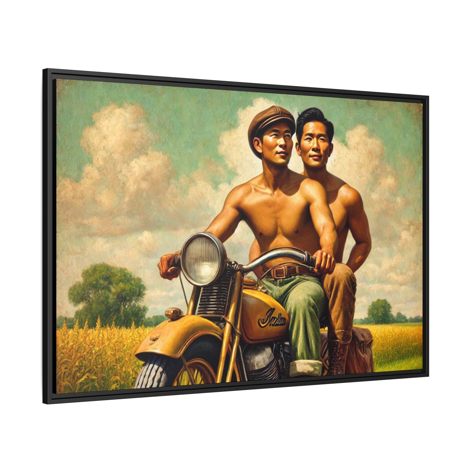 Framed artwork of an Asian-American gay couple riding a vintage yellow motorcycle through Iowa's serene countryside, celebrating love and unity.