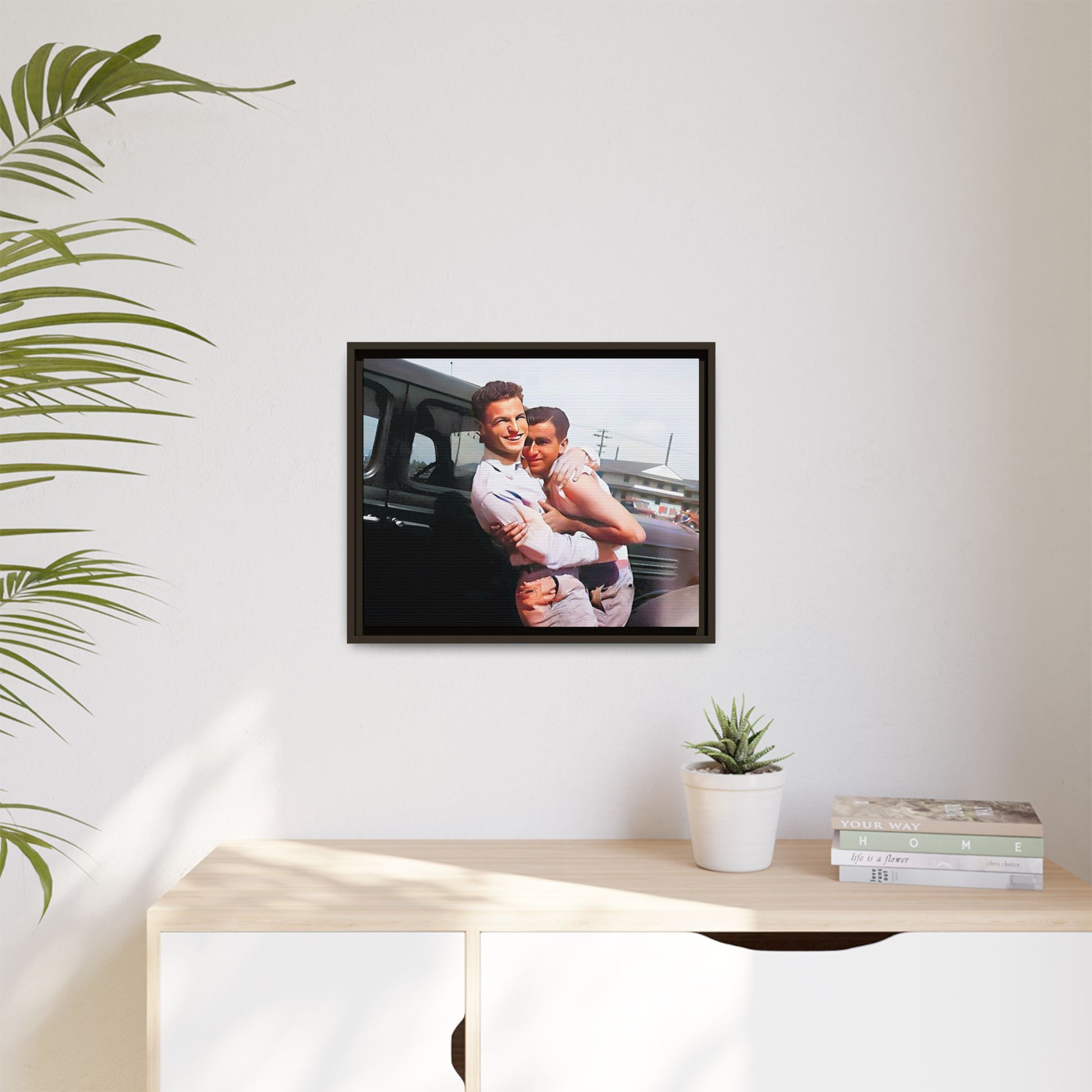 A framed vintage love portrait on matte canvas featuring Henry and Raymond in Peoria, Illinois, capturing timeless LGBTQ+ connection and joy. Gay Couple