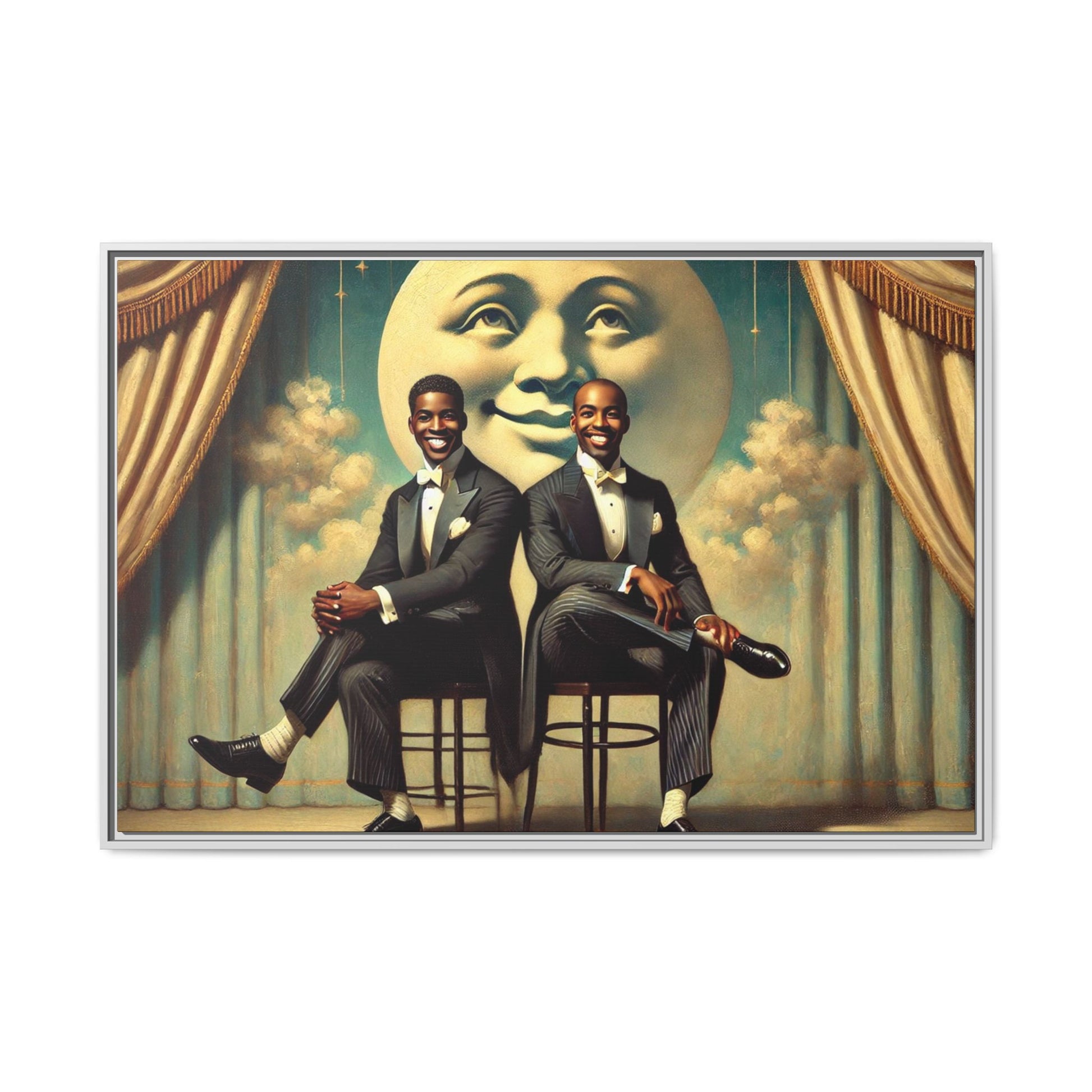 Framed vintage-style portrait of two Black men in tuxedos seated under a smiling crescent moon prop with golden curtains and cloud backdrop. This restored matte canvas honors lost LGBTQ history and reclaims early 20th-century queer representation with pride.