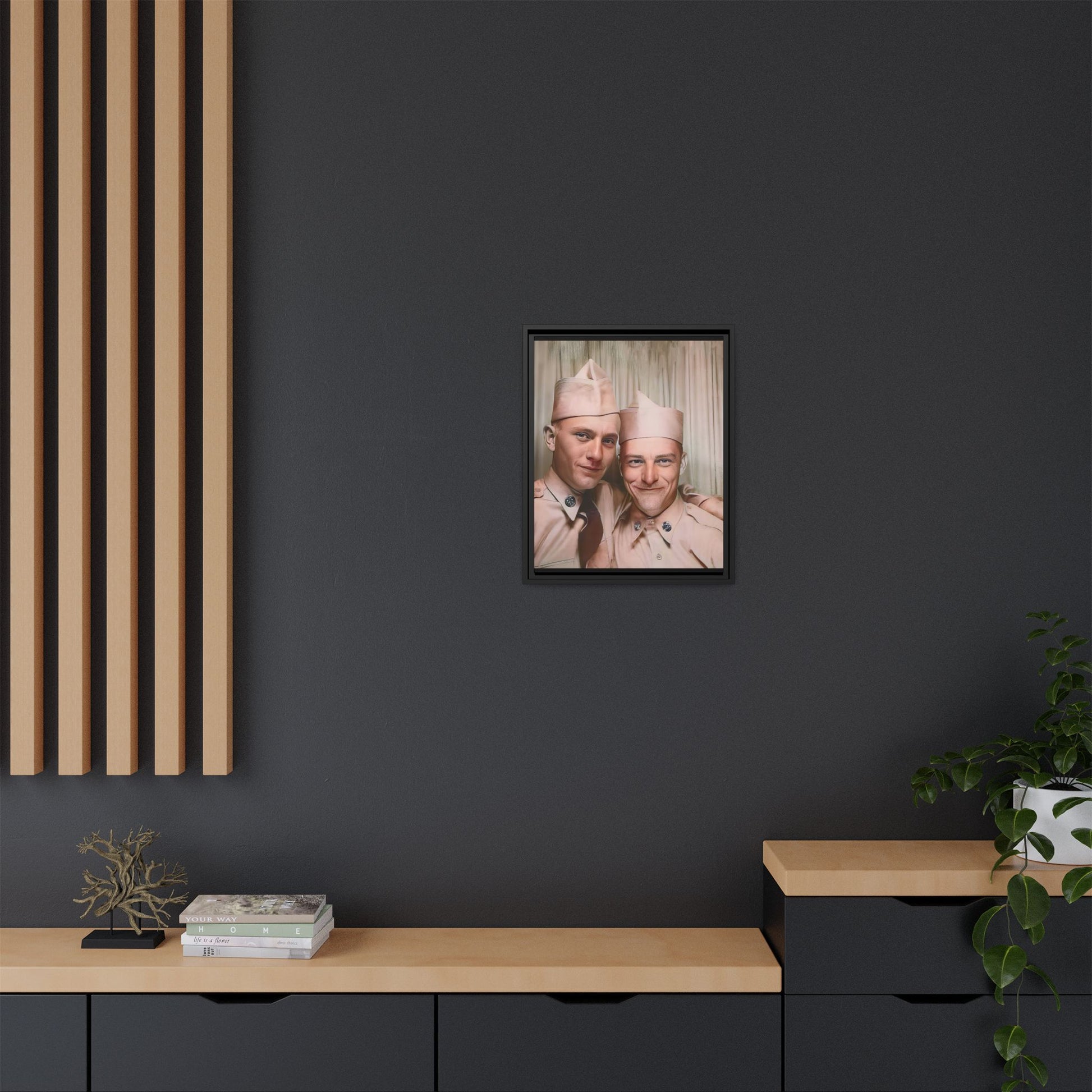 A framed vintage army portrait on matte canvas featuring two soldiers at Puget Sound Naval Shipyard, symbolizing friendship and service. Gay Couple Photo Booth