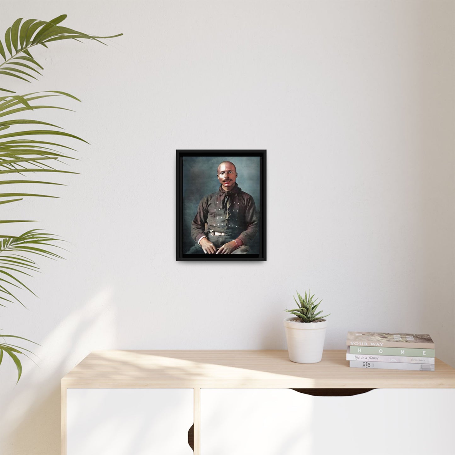 A vintage Western portrait of Jorge, capturing the rugged charm of the Old West in Mesa, Arizona. This framed matte canvas showcases resilience and classic cowboy style, perfect for rustic, Western, or Americana-inspired decor. Hispanic Latino