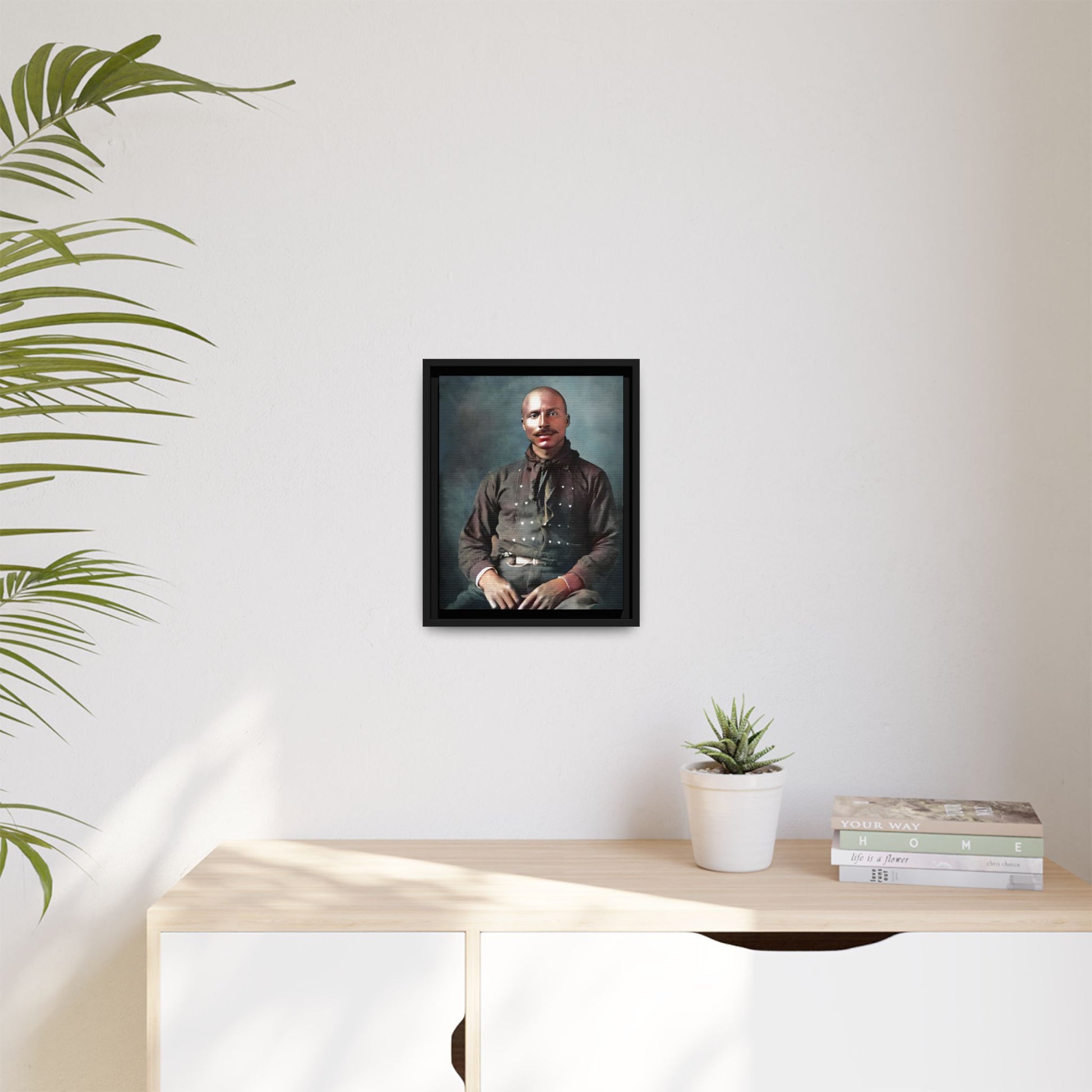 A vintage Western portrait of Jorge, capturing the rugged charm of the Old West in Mesa, Arizona. This framed matte canvas showcases resilience and classic cowboy style, perfect for rustic, Western, or Americana-inspired decor. Hispanic Latino