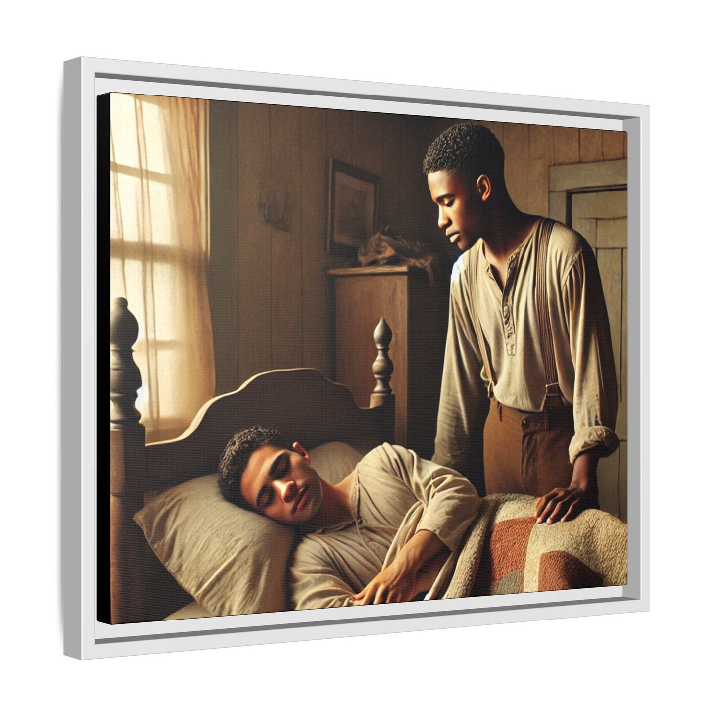 Grant 007 artwork depicting an African-American queer couple in a tender, intimate moment within a rustic bedroom. This scene, bathed in warm, nostalgic light, captures the love and quiet resilience of rural life, celebrating LGBTQ+ representation and African-American heritage.
