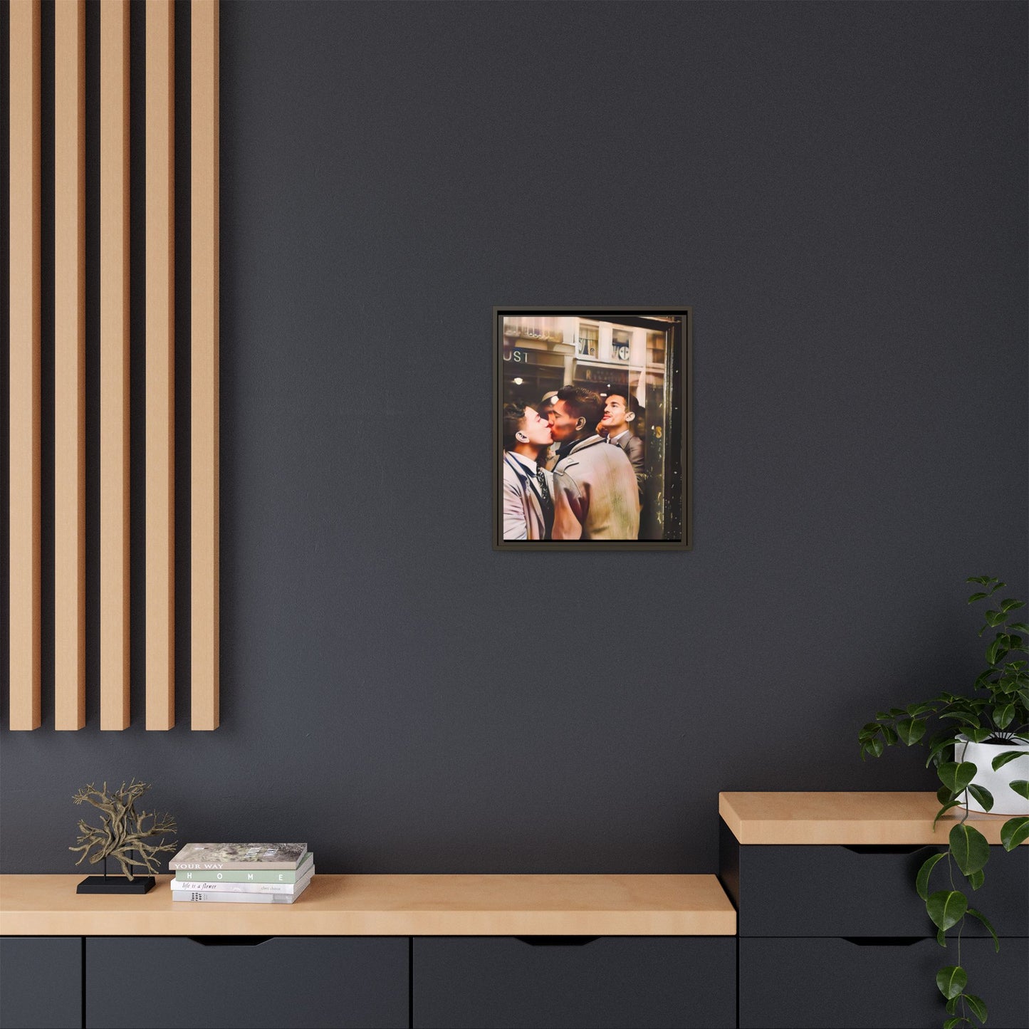 A restored 1950s LGBTQ+ couple portrait of Alejandro & Lorenzo at Mayfair Bar, NYC. A romantic queer history print on matte canvas, capturing love, resilience, and authenticity in a vibrant nightlife setting.