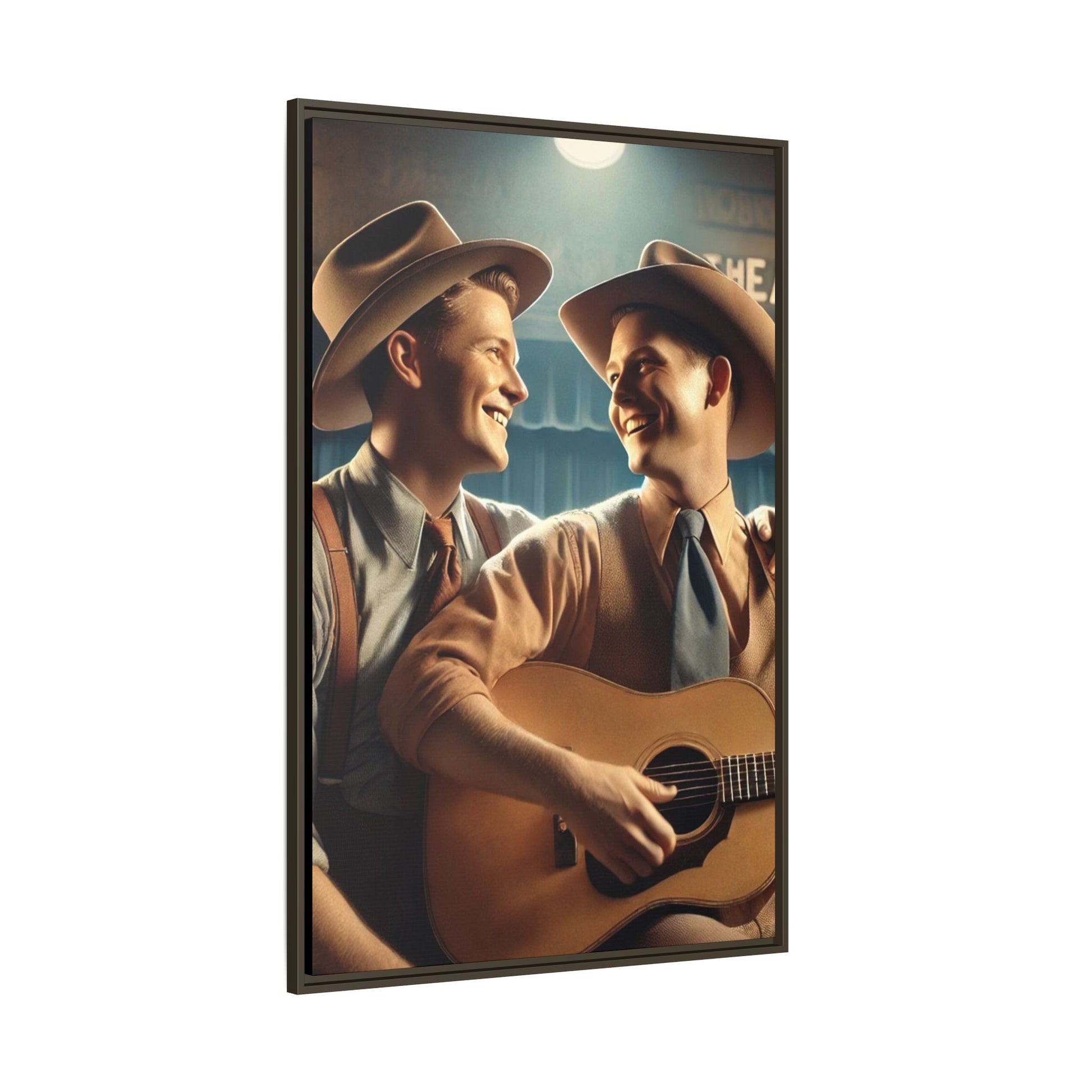 Artwork of a gay couple recording a country-western song in a 1930s-style studio. Dressed in classic Western attire with wide-brimmed hats and button-up shirts, the two men share an affectionate gaze, capturing love and unity in a nostalgic, vintage setting.