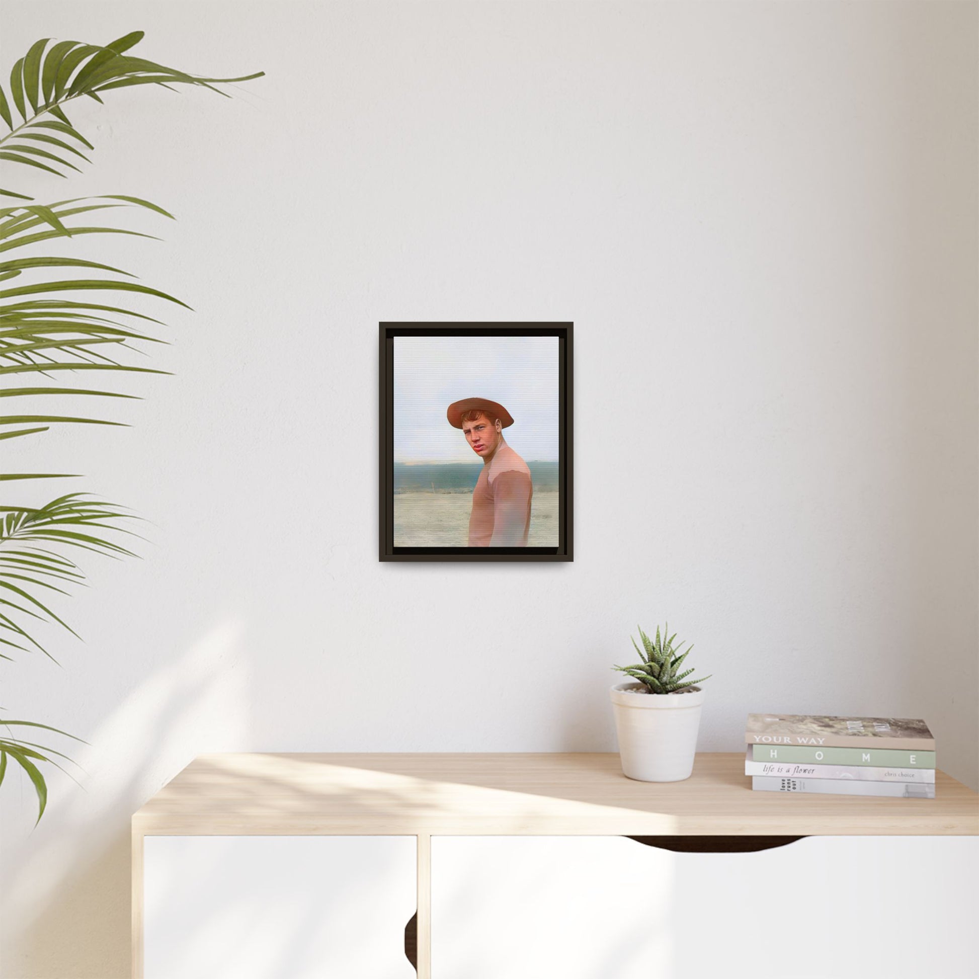 A framed vintage portrait on matte canvas featuring Victor at Cannon Beach, Oregon, capturing the rugged beauty of coastal life.