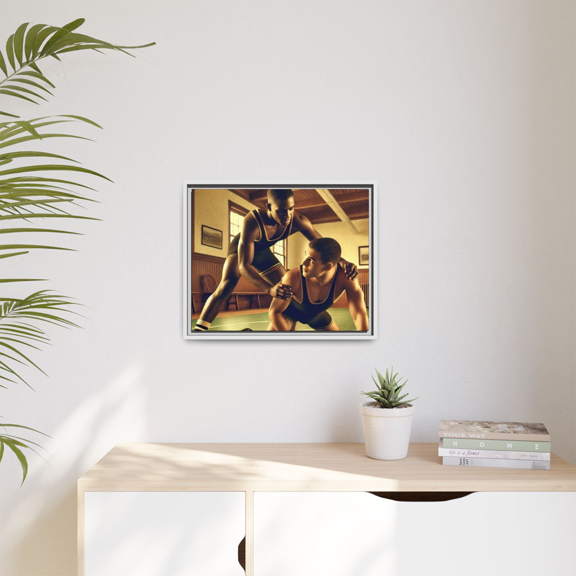 Framed canvas artwork inspired by Grant Wood featuring African-American and European-American wrestlers in a vintage gymnasium. A tribute to unity, diversity, and regionalist art.