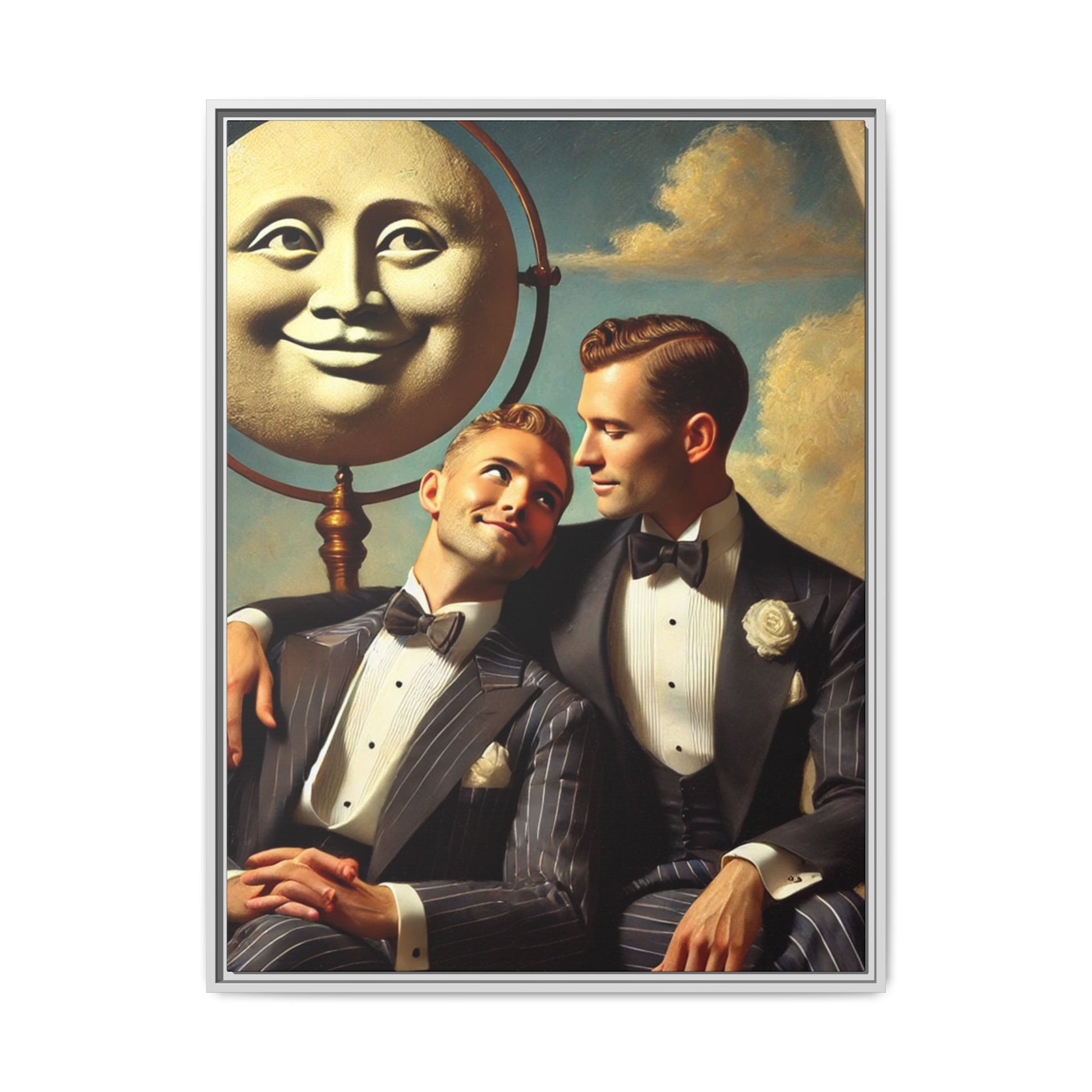 Framed matte canvas portrait featuring two young men in vintage overalls with a crescent moon prop above them. This artwork from the Missing Art Studies series reclaims LGBTQ+ imagery that may have been lost to bias, presenting warmth, intimacy, and presence.