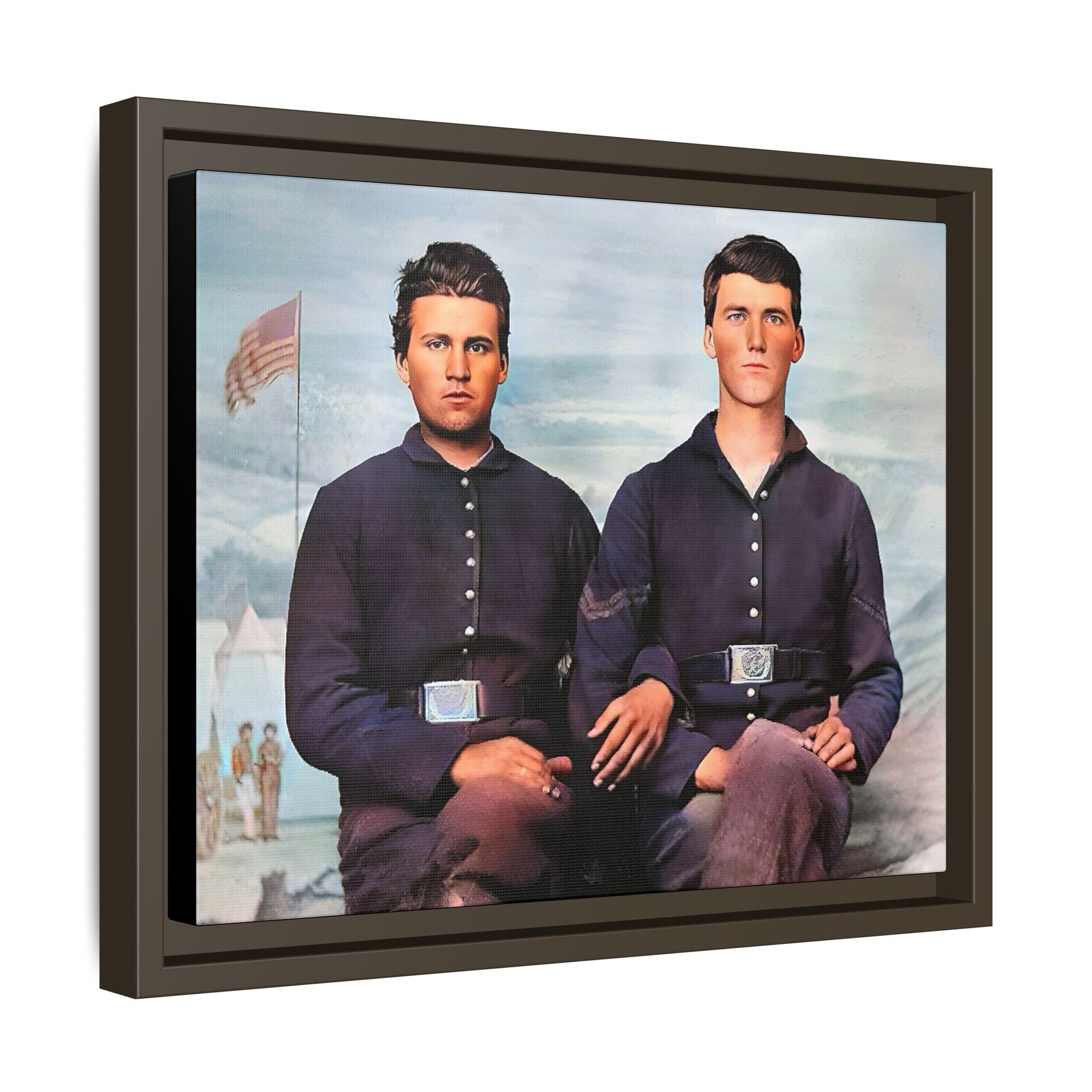 A framed vintage Civil War photo on matte canvas featuring two Union soldiers at Camp Curtin, honoring military history. Gay Couple