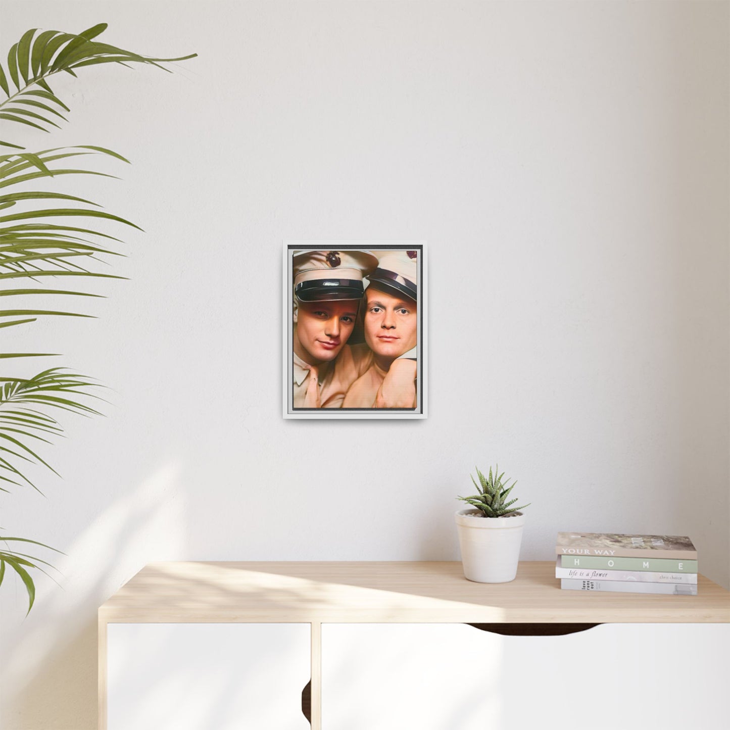 Restored vintage photograph of Paul and Ralph, an early 20th-century LGBTQ+ military couple from Camp Atterbury, Indiana. Framed matte canvas print celebrating love, courage, and LGBTQ+ history. Gay Couple Photo Booth