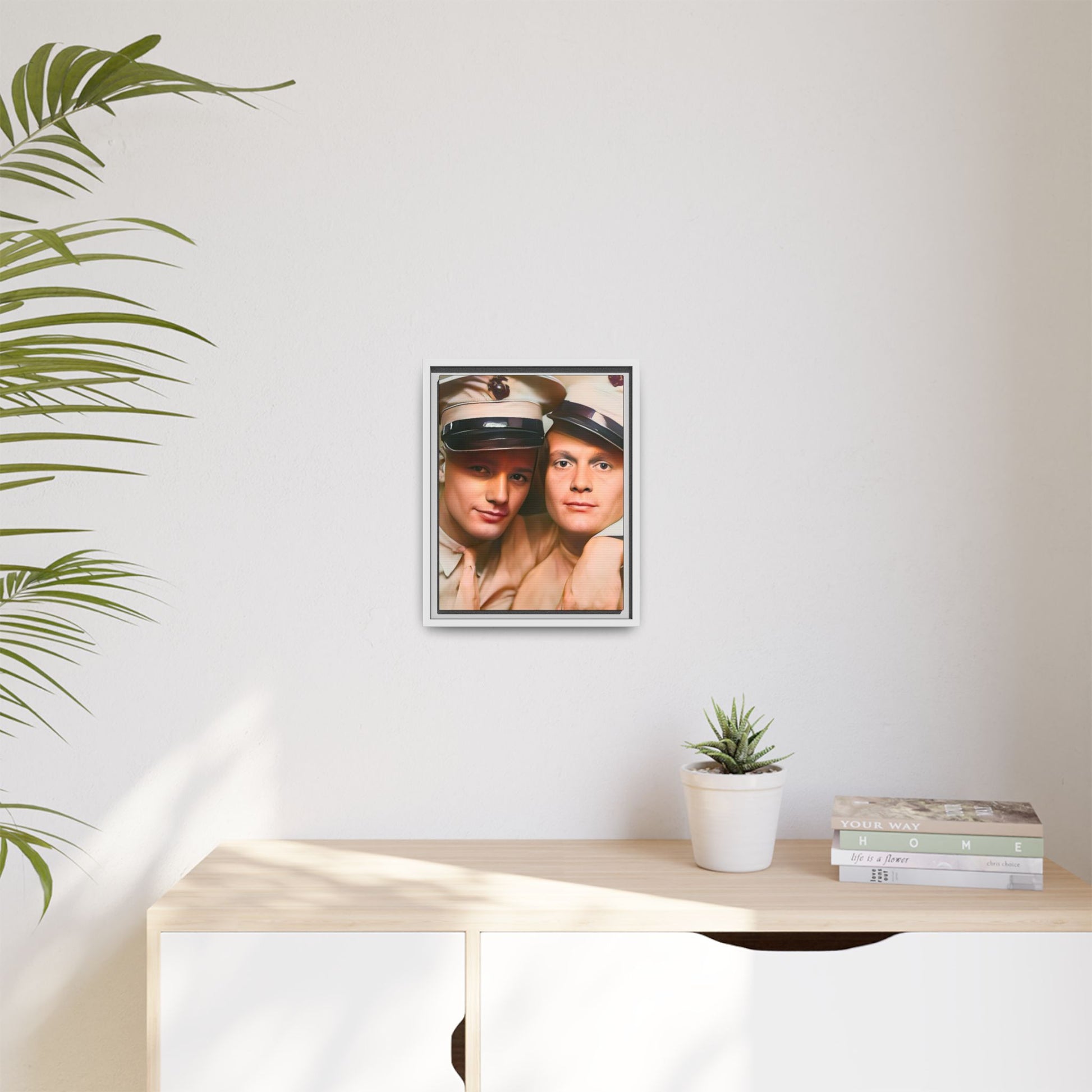 Restored vintage photograph of Paul and Ralph, an early 20th-century LGBTQ+ military couple from Camp Atterbury, Indiana. Framed matte canvas print celebrating love, courage, and LGBTQ+ history. Gay Couple Photo Booth