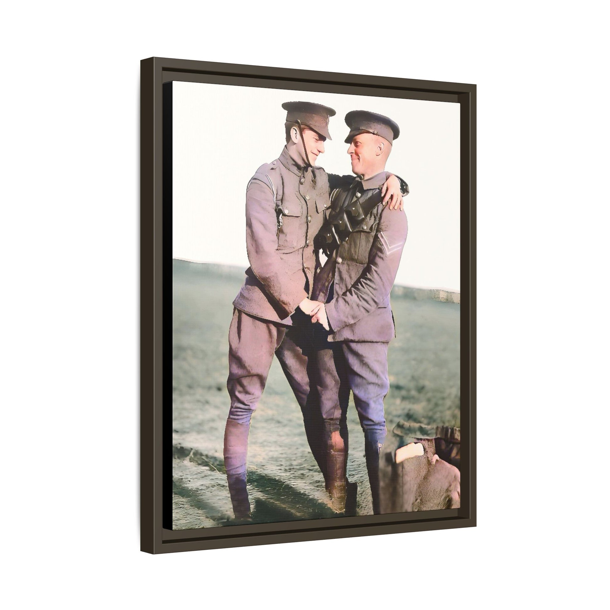 A restored vintage military portrait of Lee & Clifford, soldiers in the Battle of Amiens. This framed matte canvas honors LGBTQ+ history, resilience, and love in wartime.