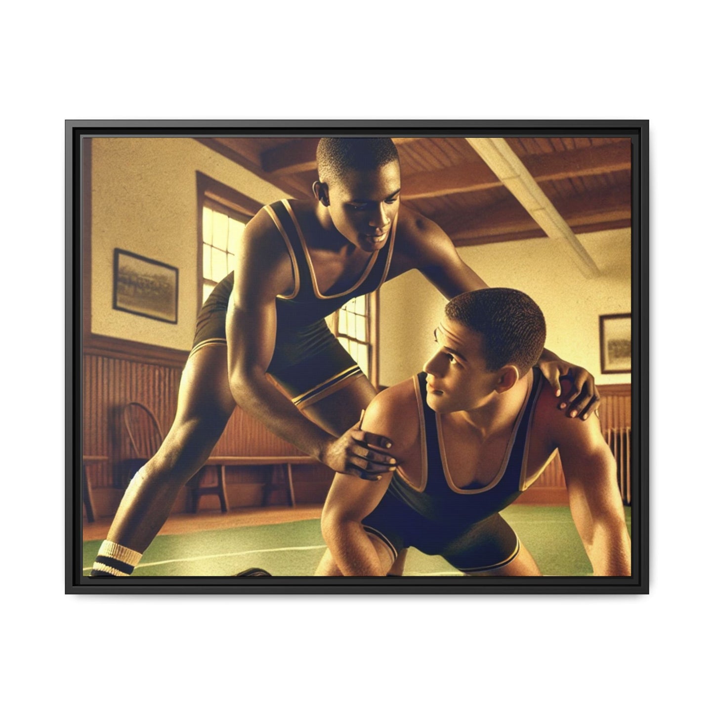 Framed canvas artwork inspired by Grant Wood featuring African-American and European-American wrestlers in a vintage gymnasium. A tribute to unity, diversity, and regionalist art.